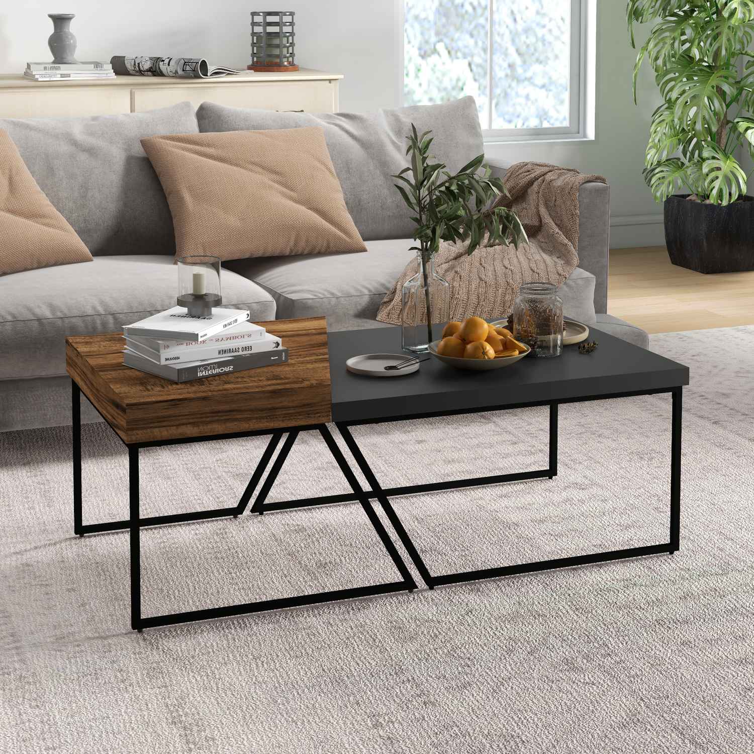 Bijzettafel van industrieel staal – geometrisch design, zwart