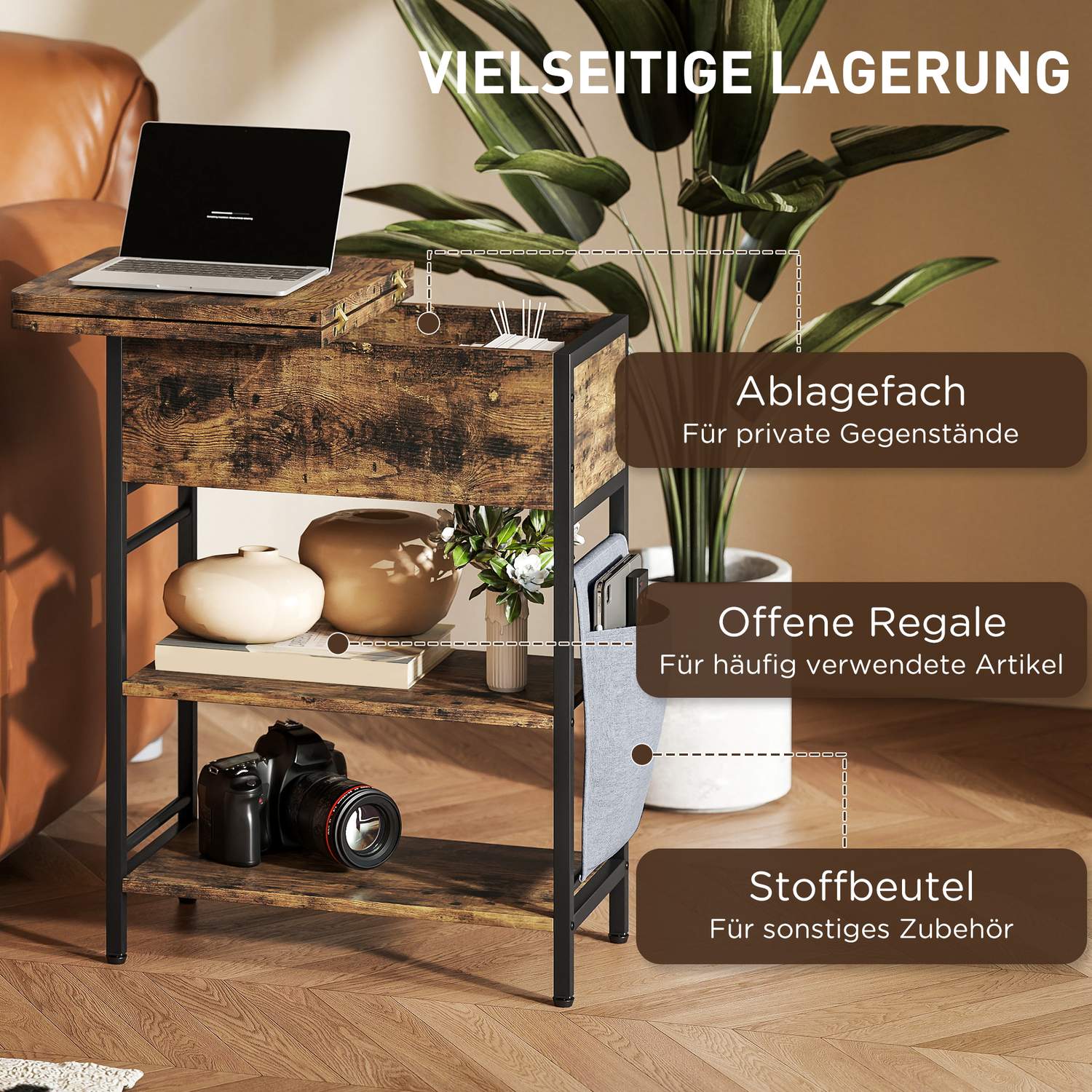Sidobord med grenuttag, USB-portar, 2-lagers lagring, rustik brun