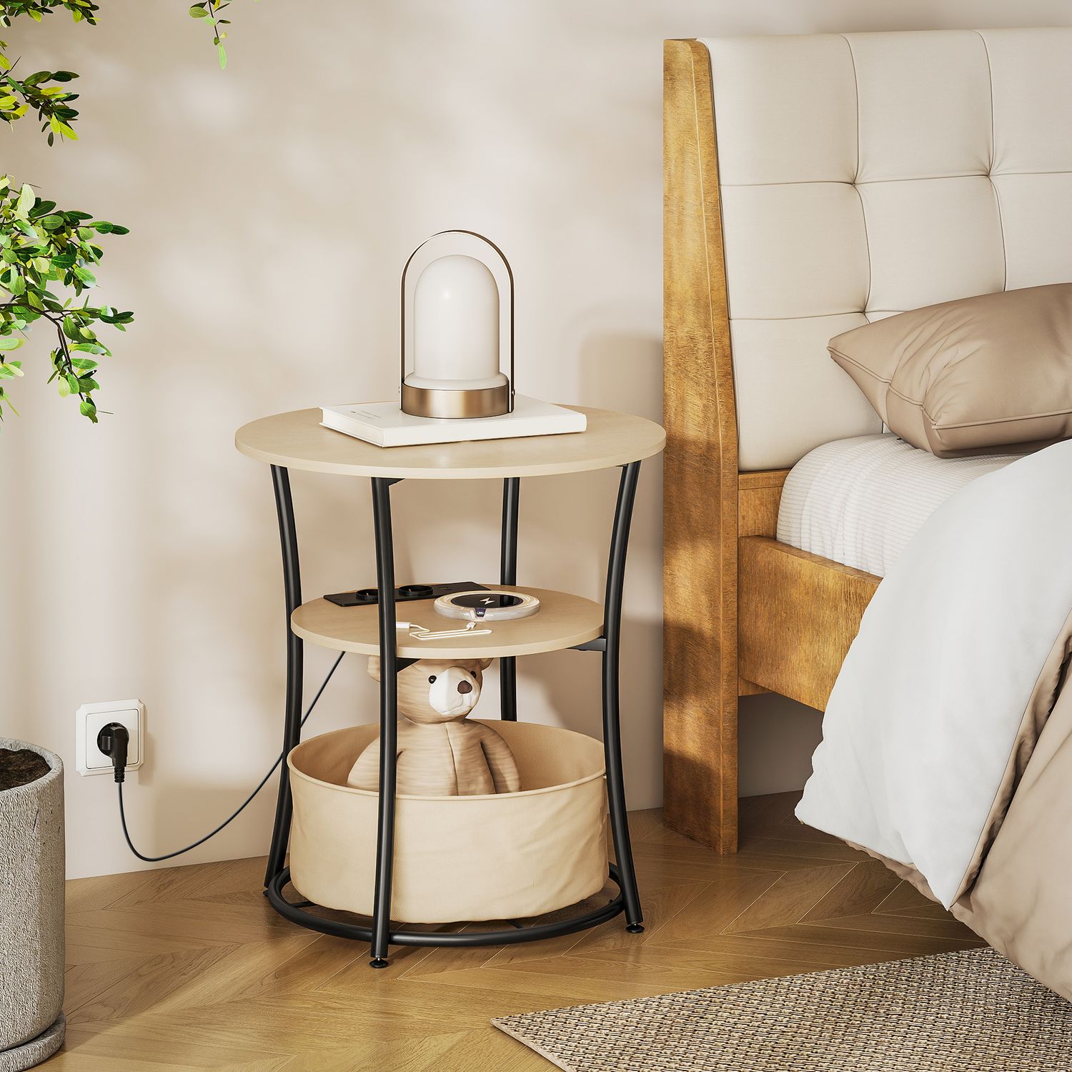 Sidobord med laddningsstation, förvaring i 3 nivåer, naturträ