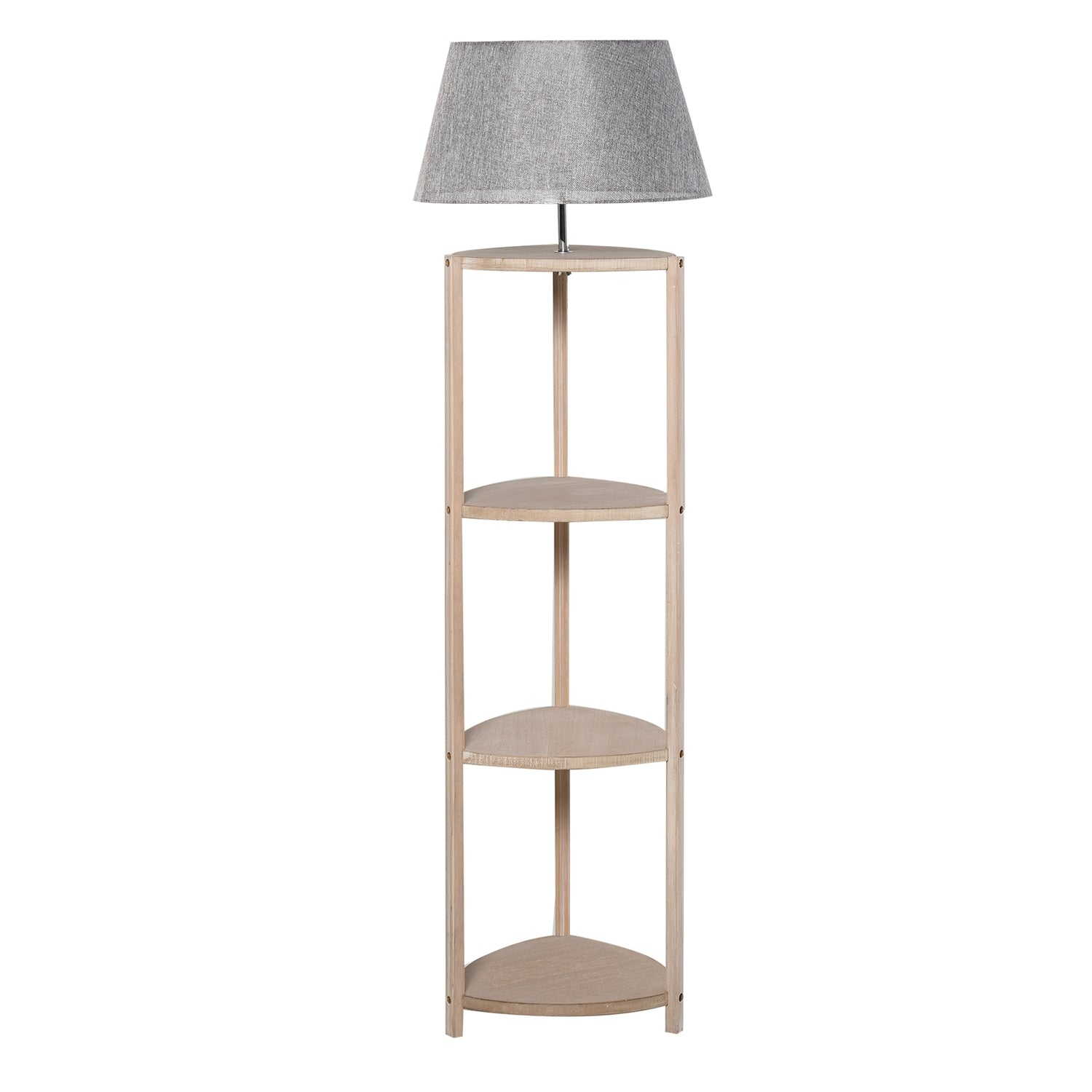 Scandinavische houten vloerlamp met plankje en linnen kap