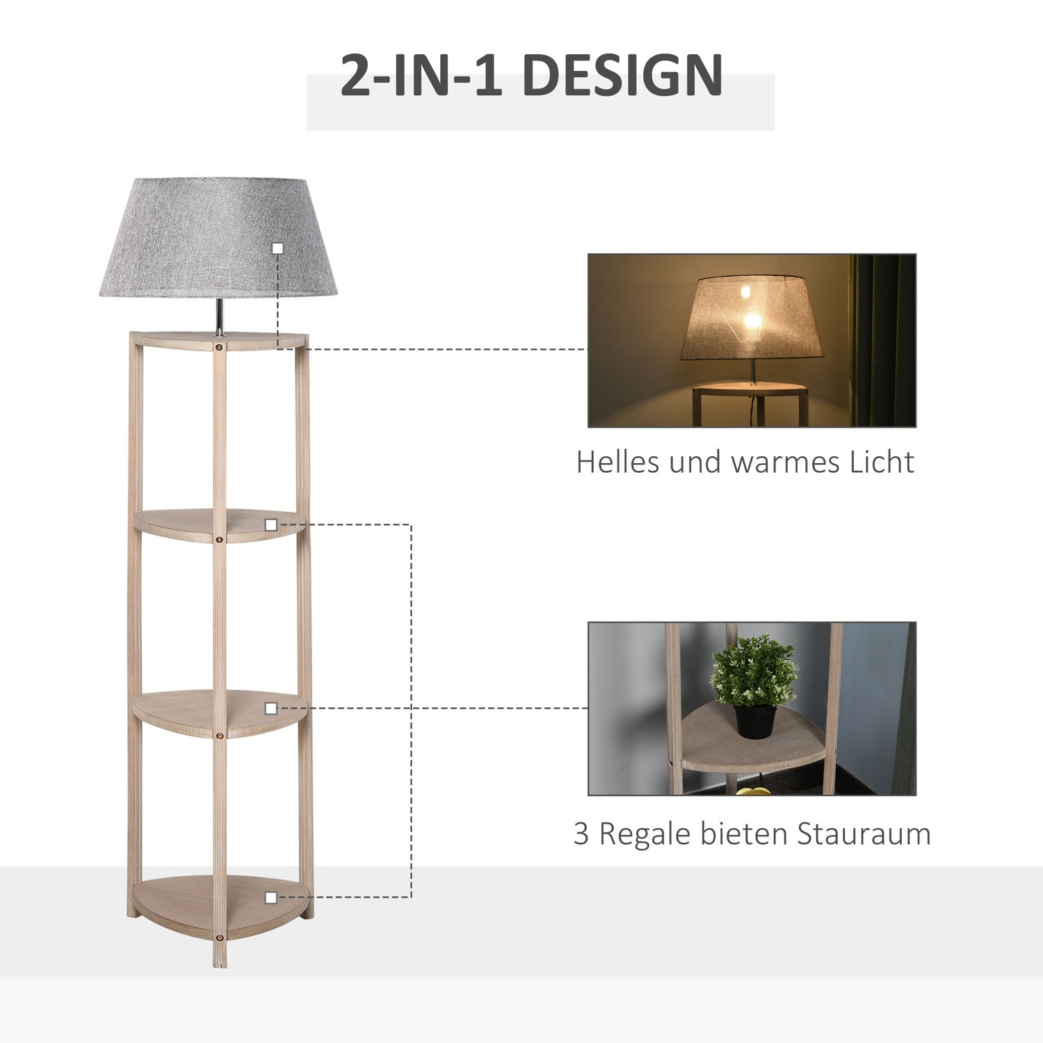 Scandinavische houten vloerlamp met plankje en linnen kap
