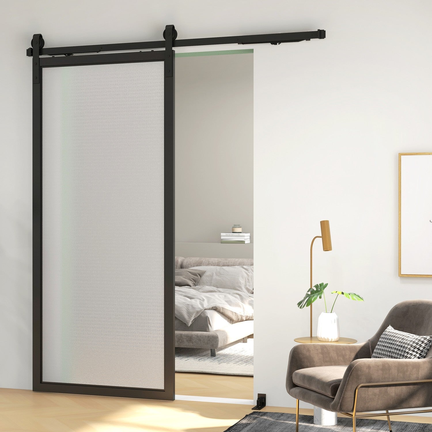 Schuifdeurset, 183 cm, koolstofstaal, zwarte afwerking