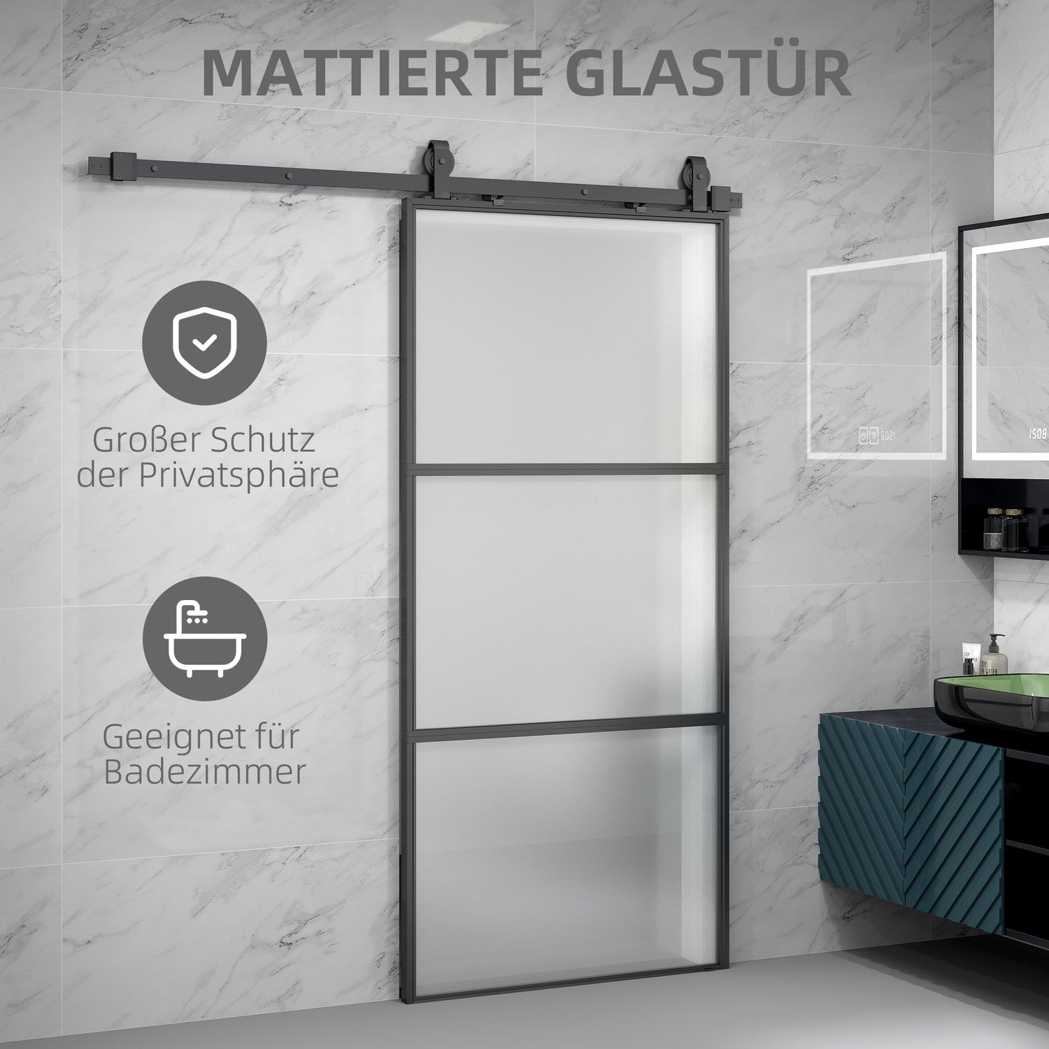 Schuifdeurset met matglas, softclose, zwart staal