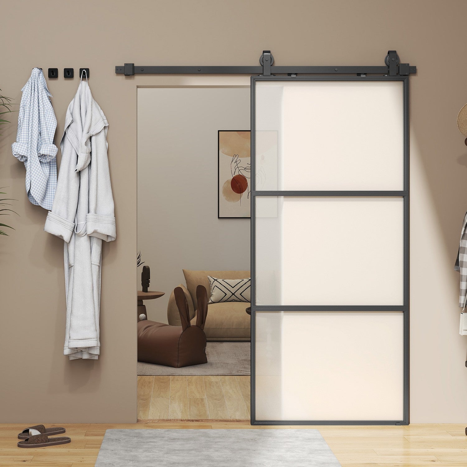 Schuifdeurset met matglas, softclose, zwart staal