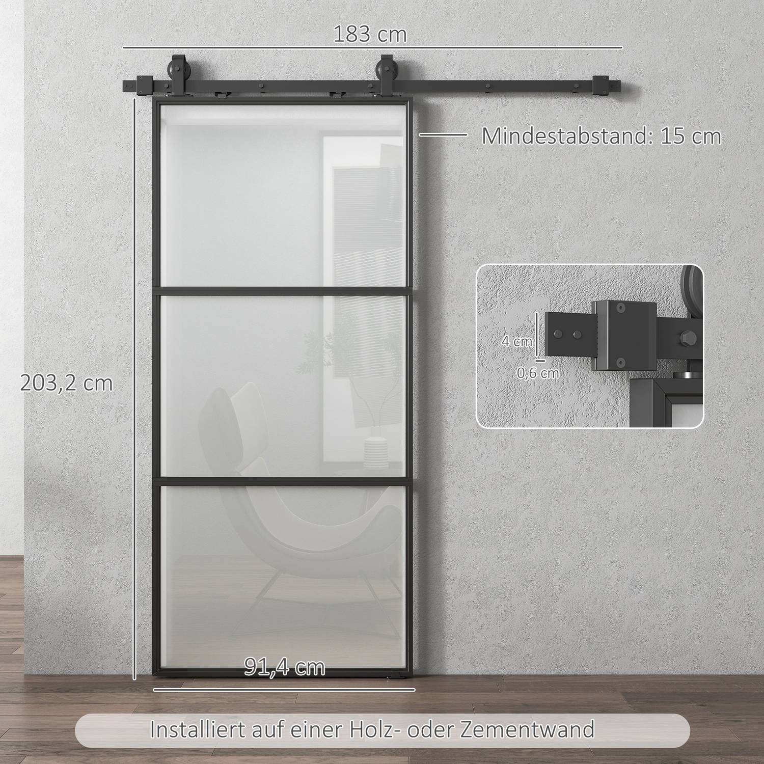 Schuifdeurset met matglas, softclose, zwart staal