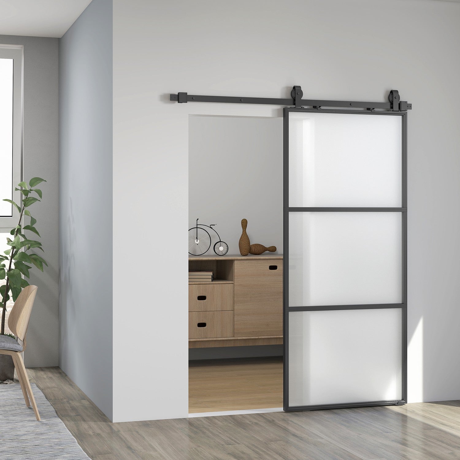 Schuifdeurset met matglas, softclose, zwart staal