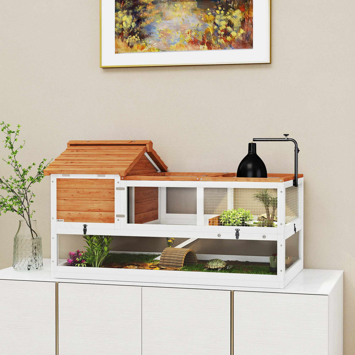 Schildpaddenhuis met twee verdiepingen en lamphouder