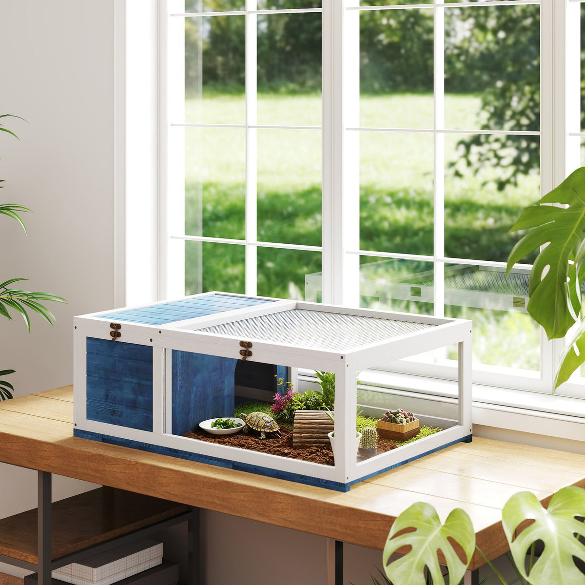 Houten schildpaddenverblijf met scharnierend dak, 91 x 60,5 x 32 cm, blauw