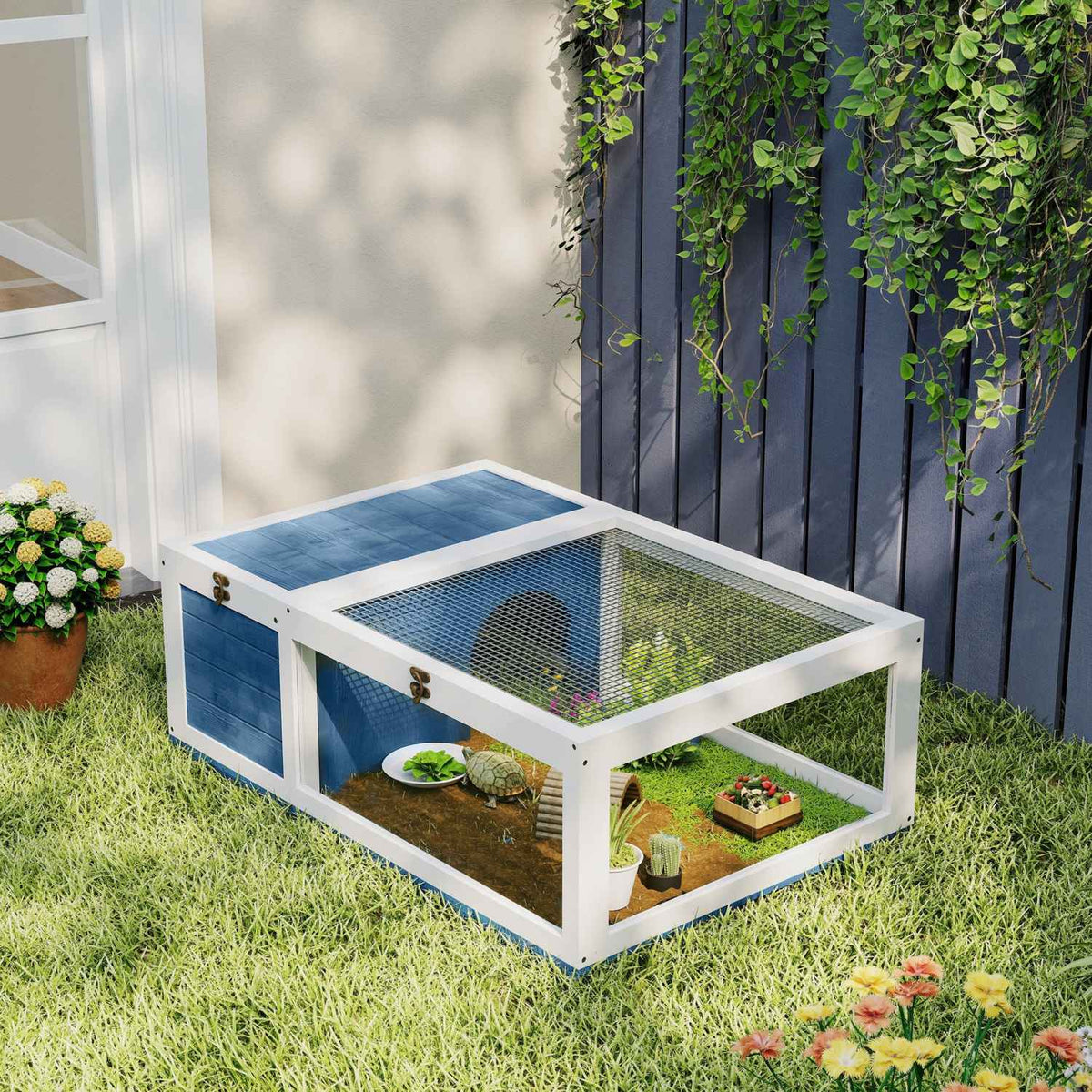 Houten schildpaddenverblijf met scharnierend dak, 91 x 60,5 x 32 cm, blauw