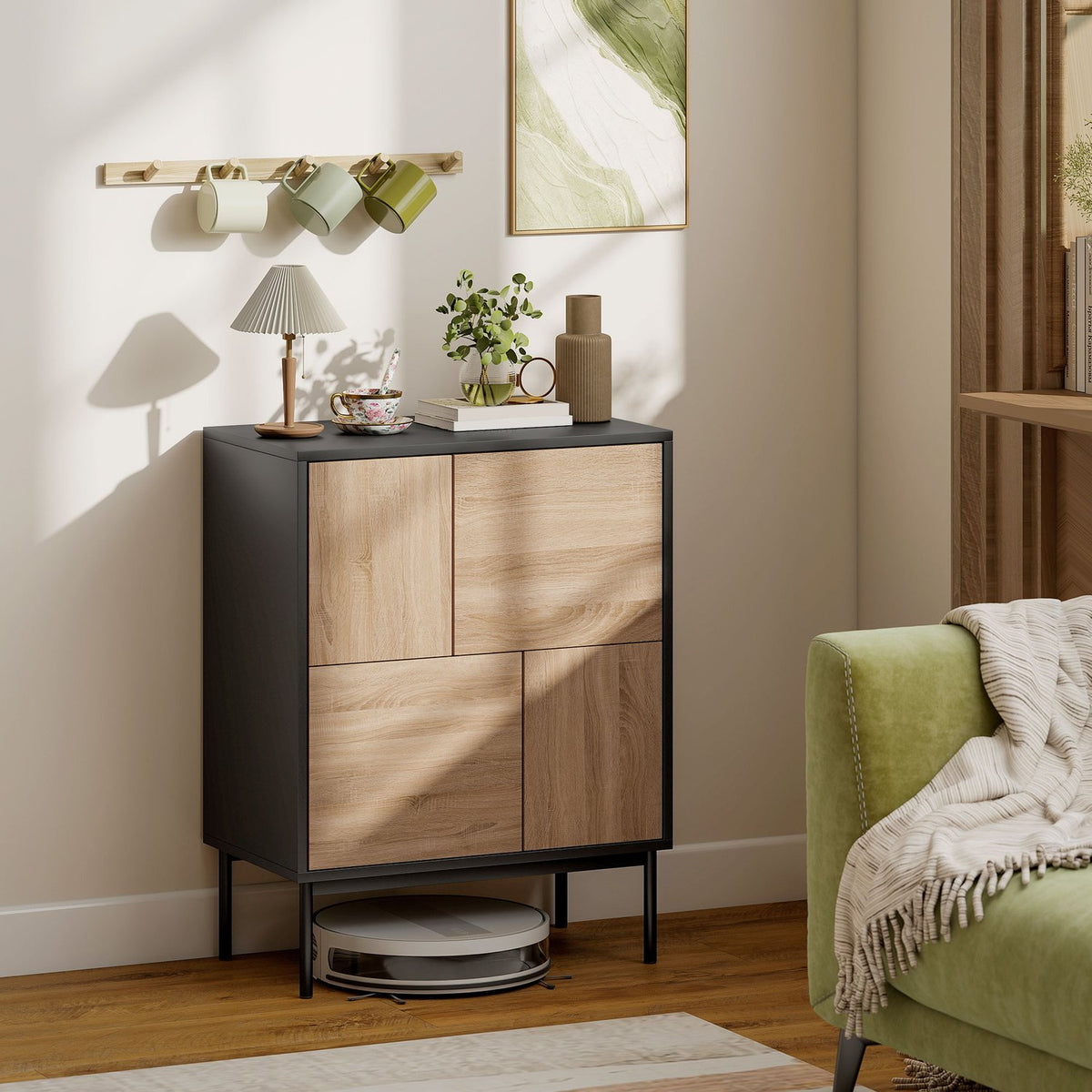 Dressoir met push-to-open-deuren, zwart/natuurlijk hout