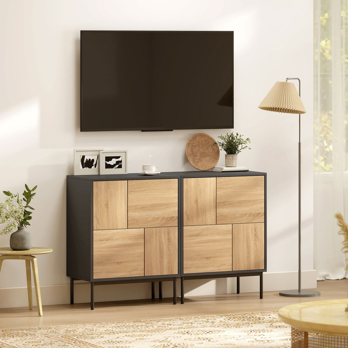 Dressoir met push-to-open-deuren, zwart/natuurlijk hout