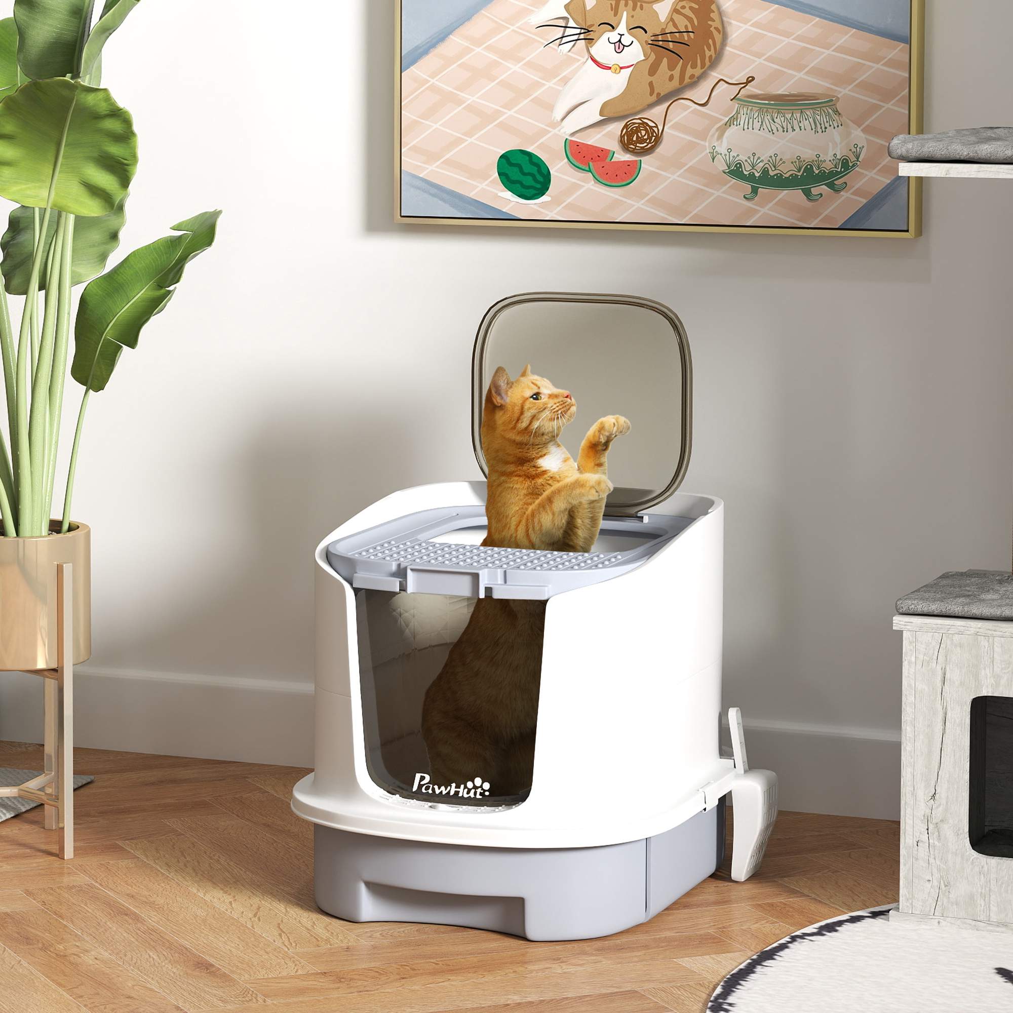 Sluten kattlåda med skopa, luktkontrollpåsar