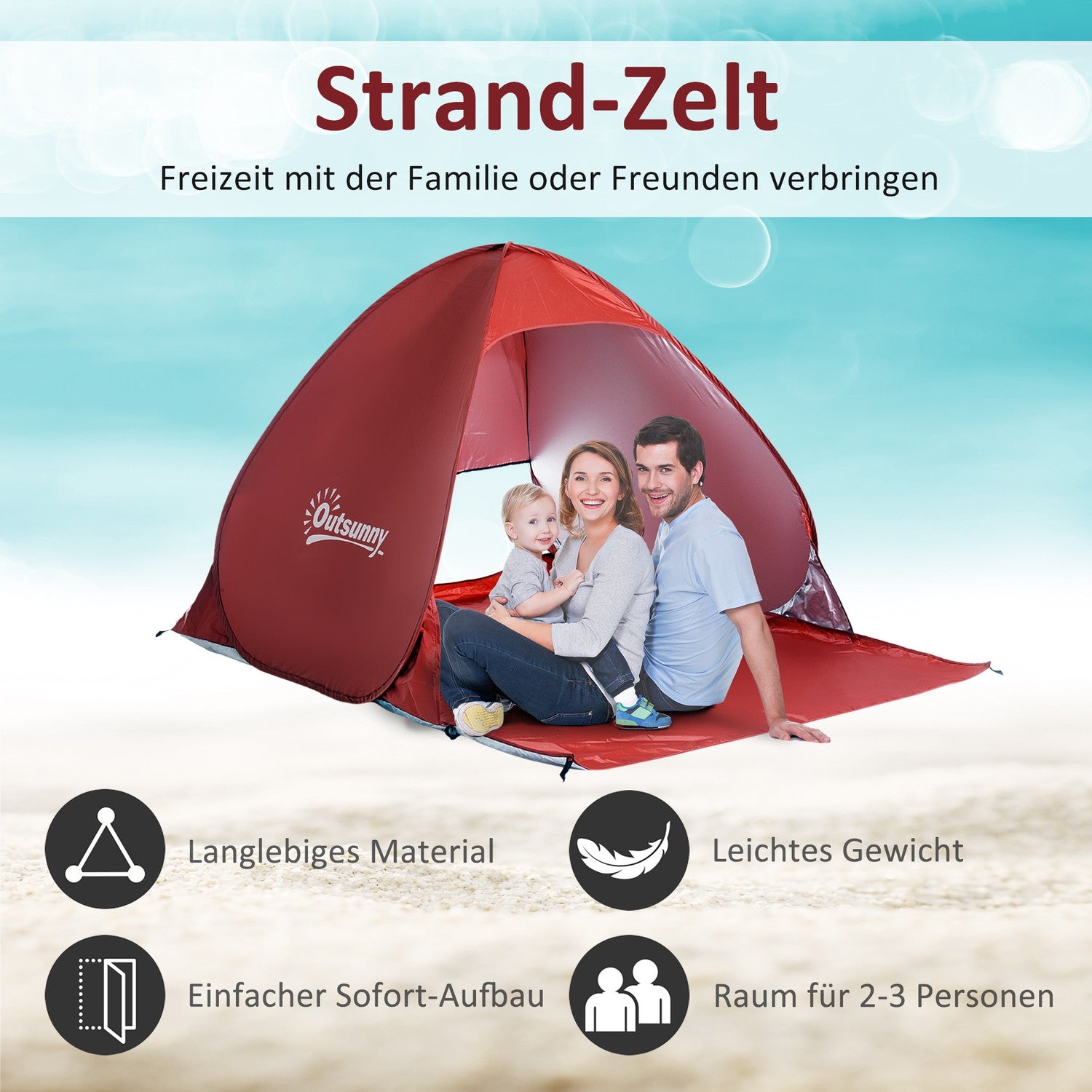 Snel op te zetten pop-up strandtent, rood, 200x150x119cm