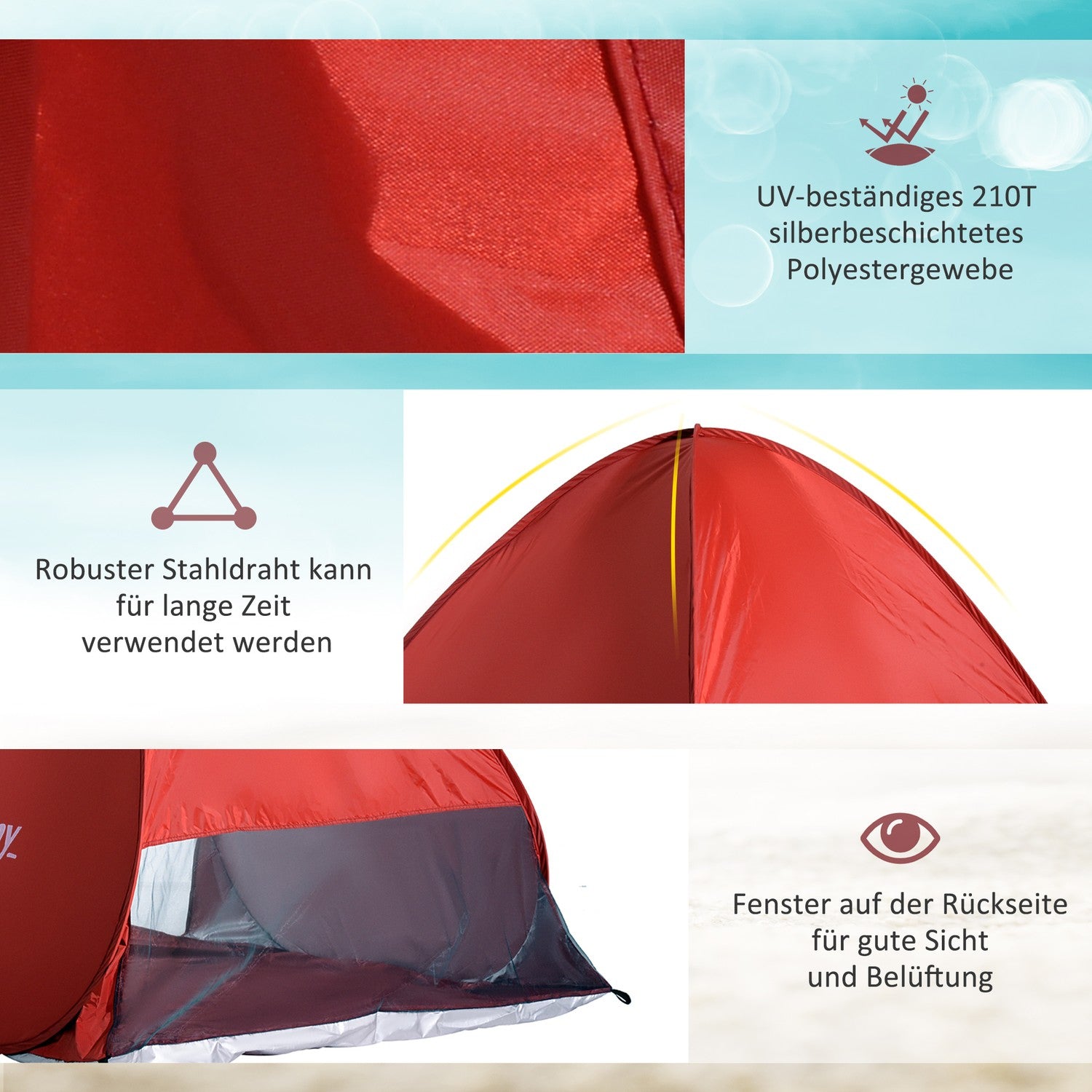 Snel op te zetten pop-up strandtent, rood, 200x150x119cm