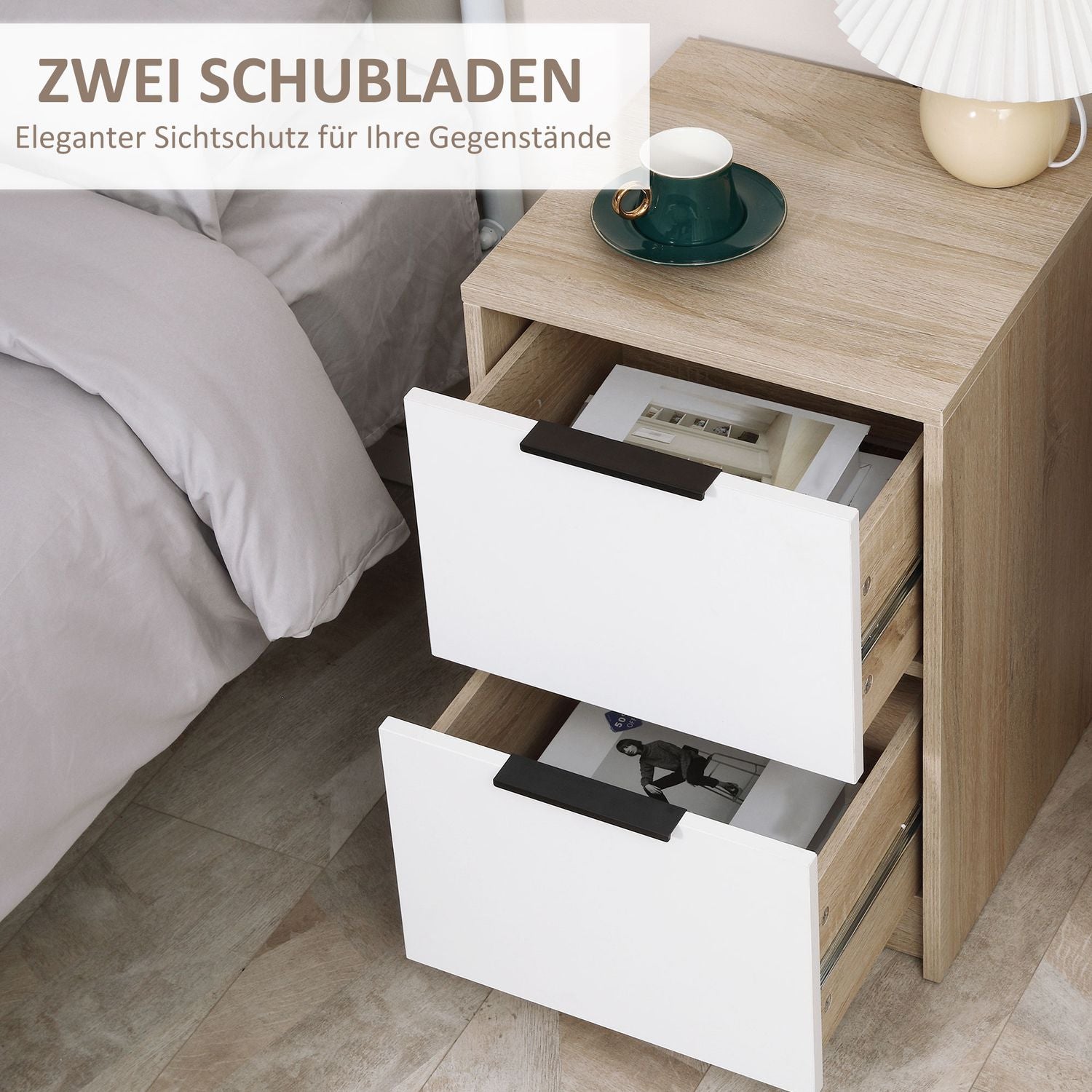 Nachtkastje in wit & naturel hout – 2 laden, 40x40x60 cm