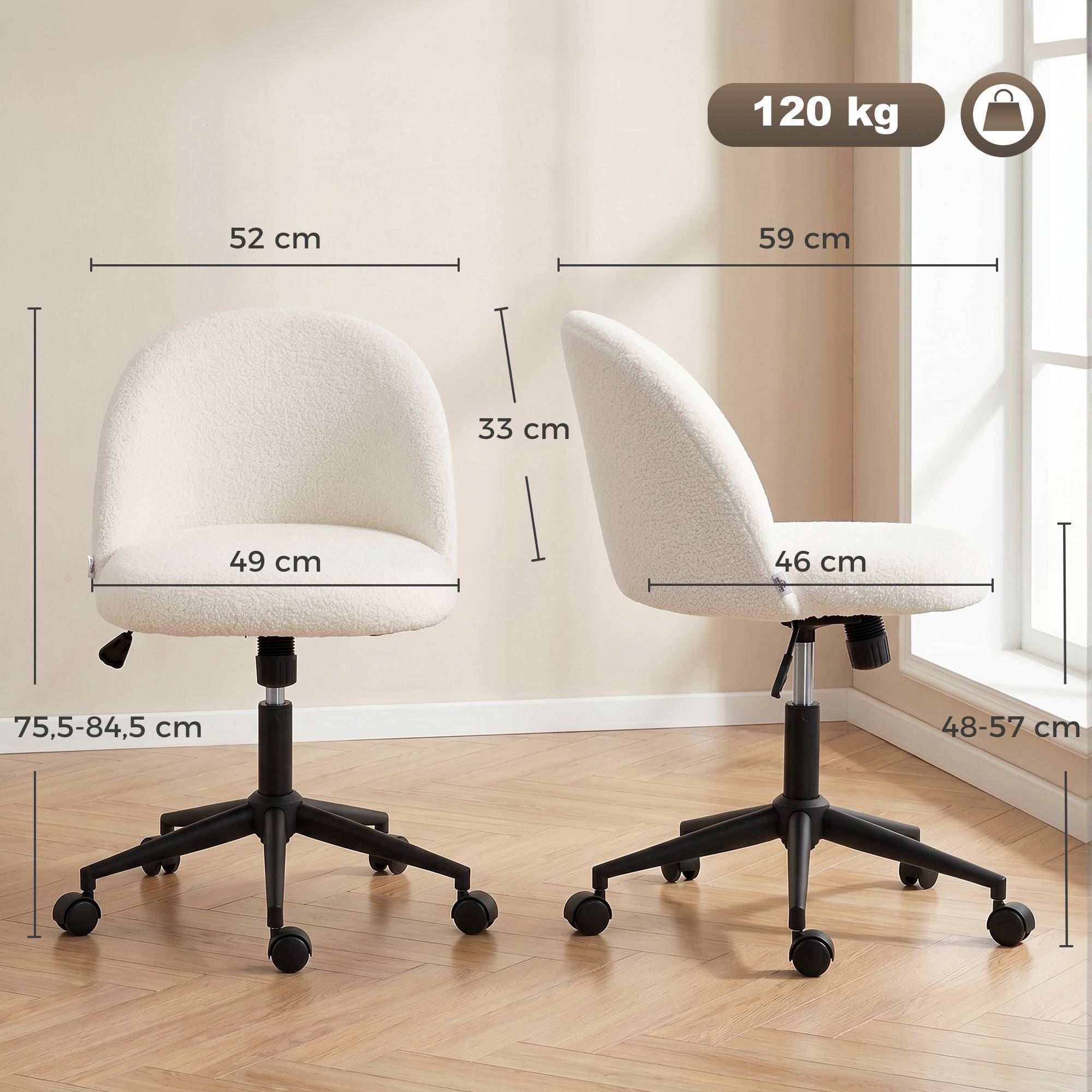 Snurrstol för kontor, Teddy Fleece, Höjdjusterbar, Krämfärgad