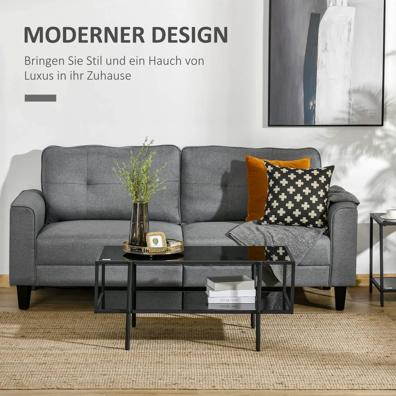 Salontafel in zwart staal, gehard glas, 2 legplanken