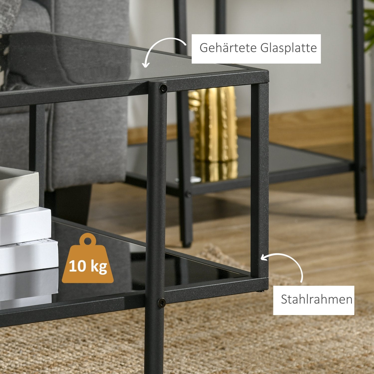Salontafel in zwart staal, gehard glas, 2 legplanken