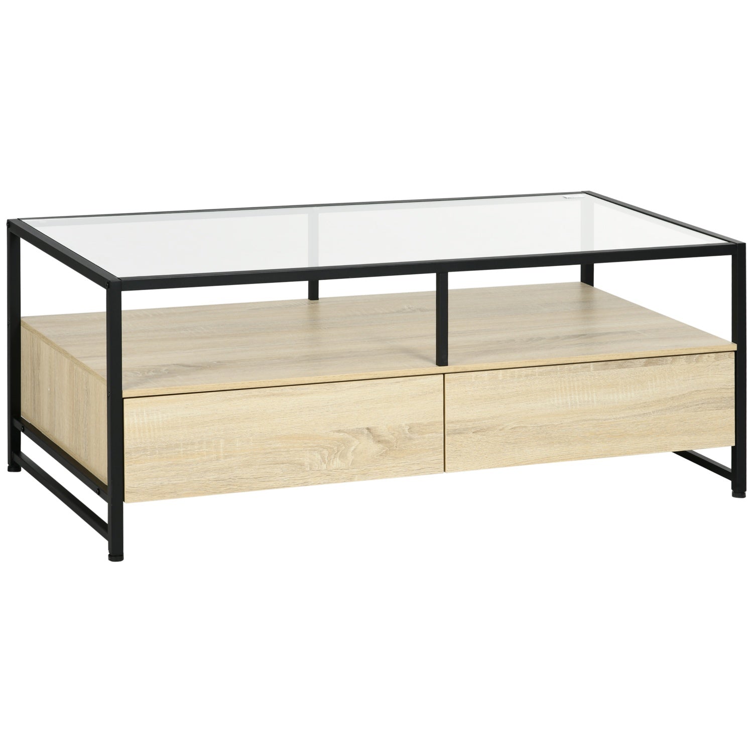 Salontafel met lade & glazen blad – Eik & Staal