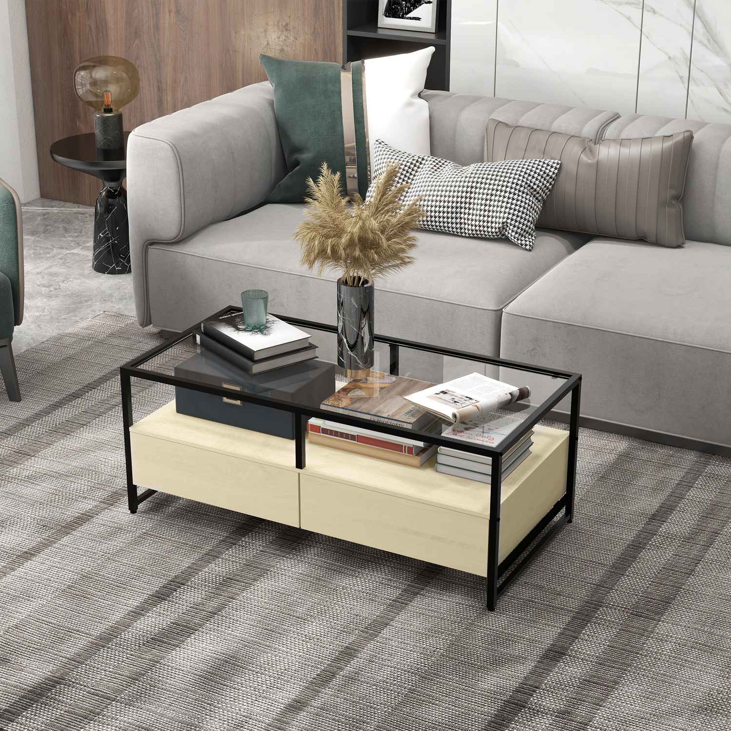 Salontafel met lade & glazen blad – Eik & Staal