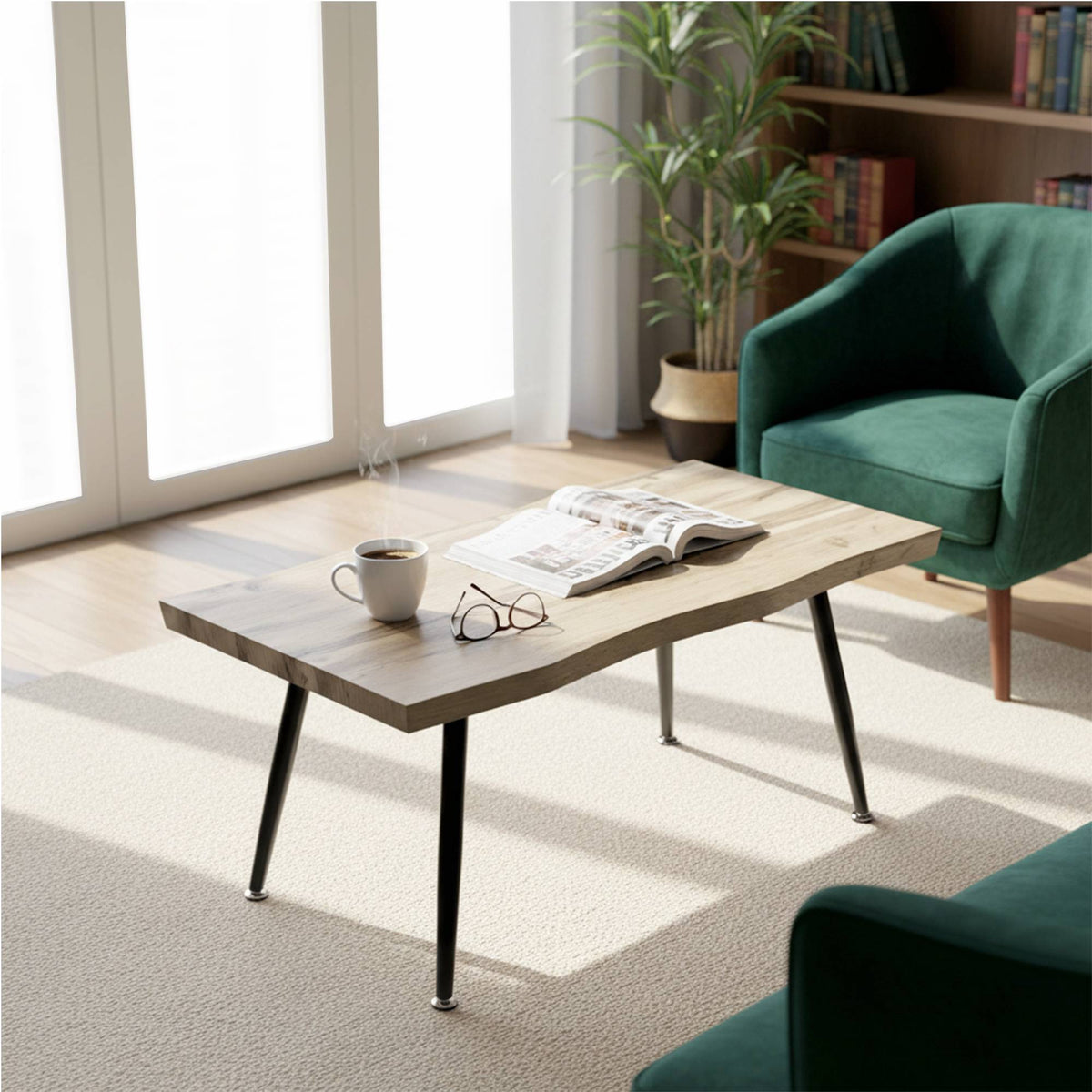 Salontafel met stalen poten, eiken afwerking, 100x50x45 cm