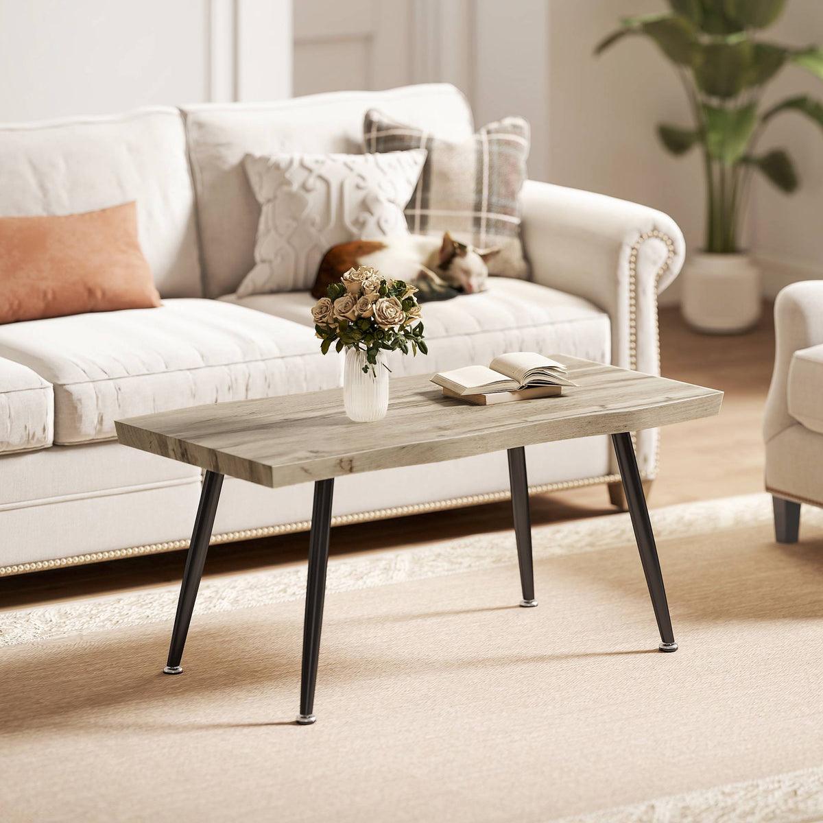 Salontafel met stalen poten, eiken afwerking, 100x50x45 cm