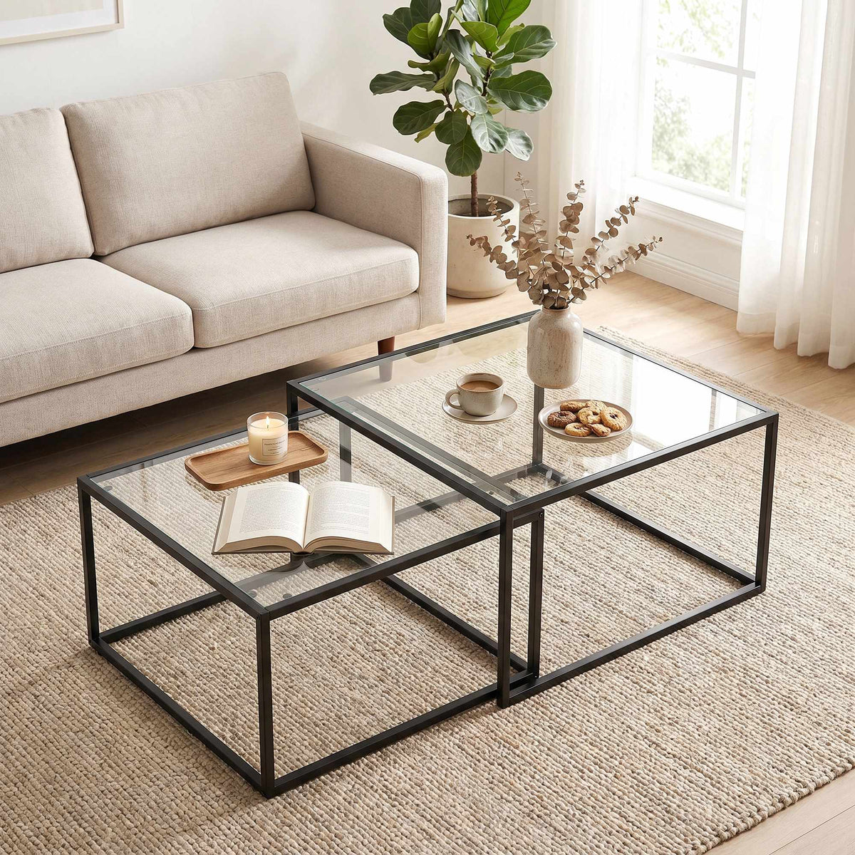 Set van 2 salontafels, inklapbaar, gehard glas, zwart