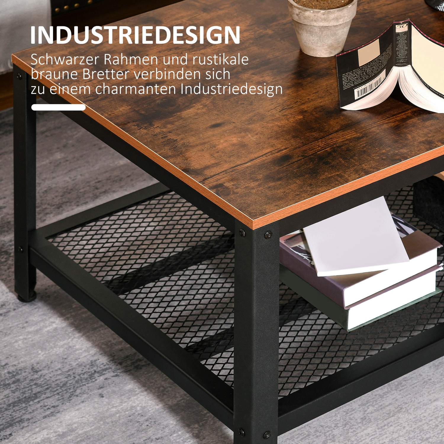 Salontafel zwart walnoot metalen frame met opbergruimte – 106x60x45cm