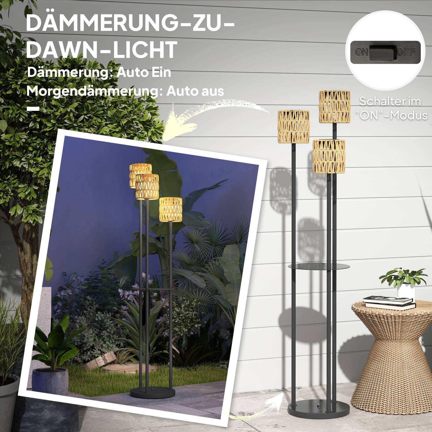 Solar vloerlamp, rotan, Boheemse stijl, buiten, IP44 waterdicht