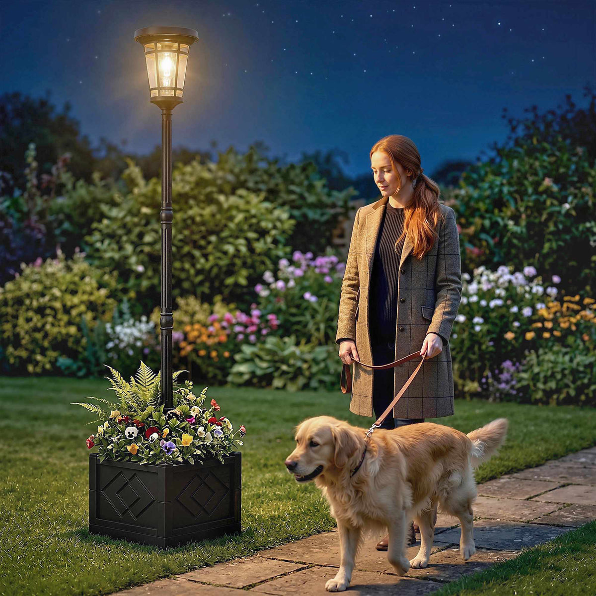Solarlantaarn voor de tuin met plantenbak, 195 cm, dubbele lichtsterkte