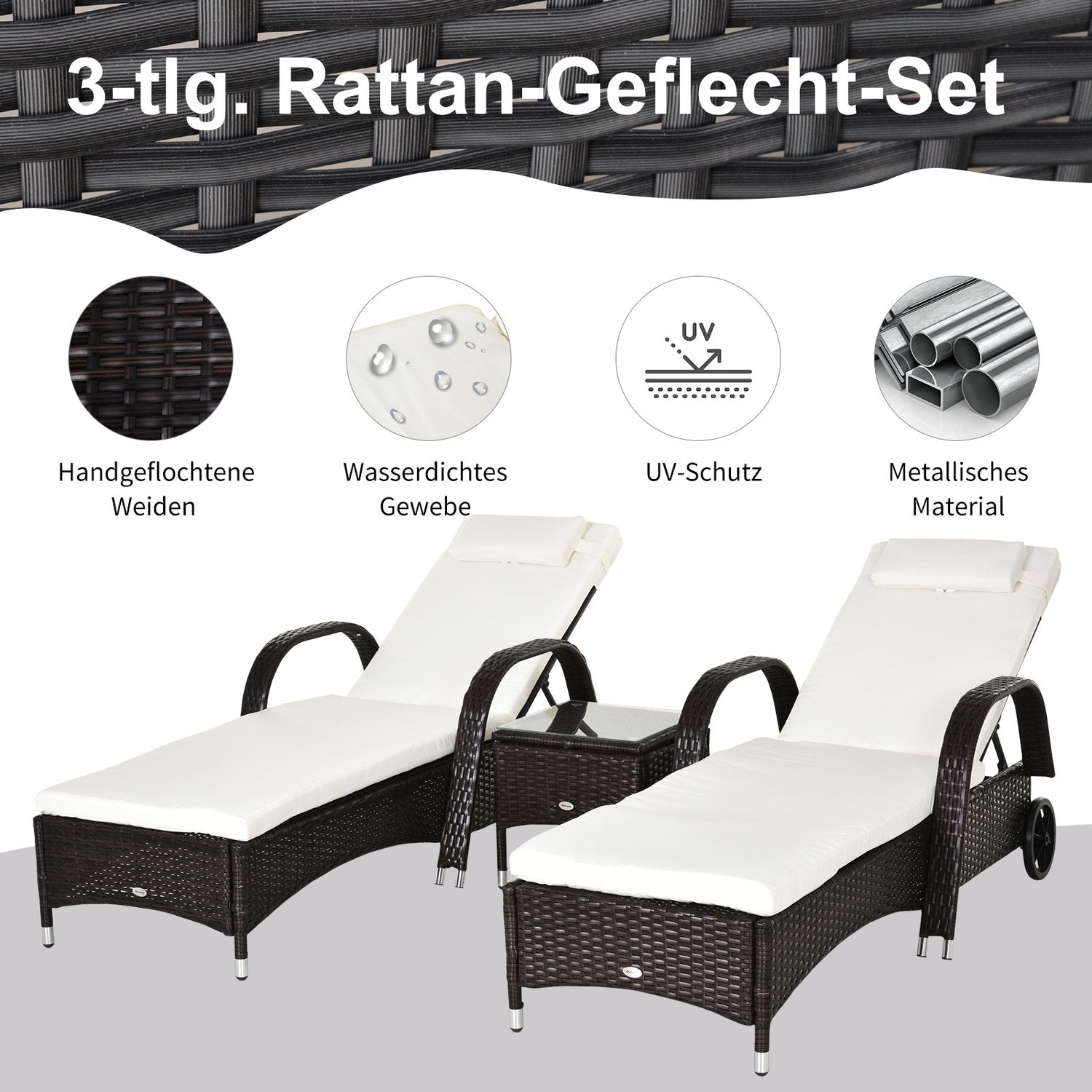 Ligbed & tafelset in polyrattan, bruin/crèmewit