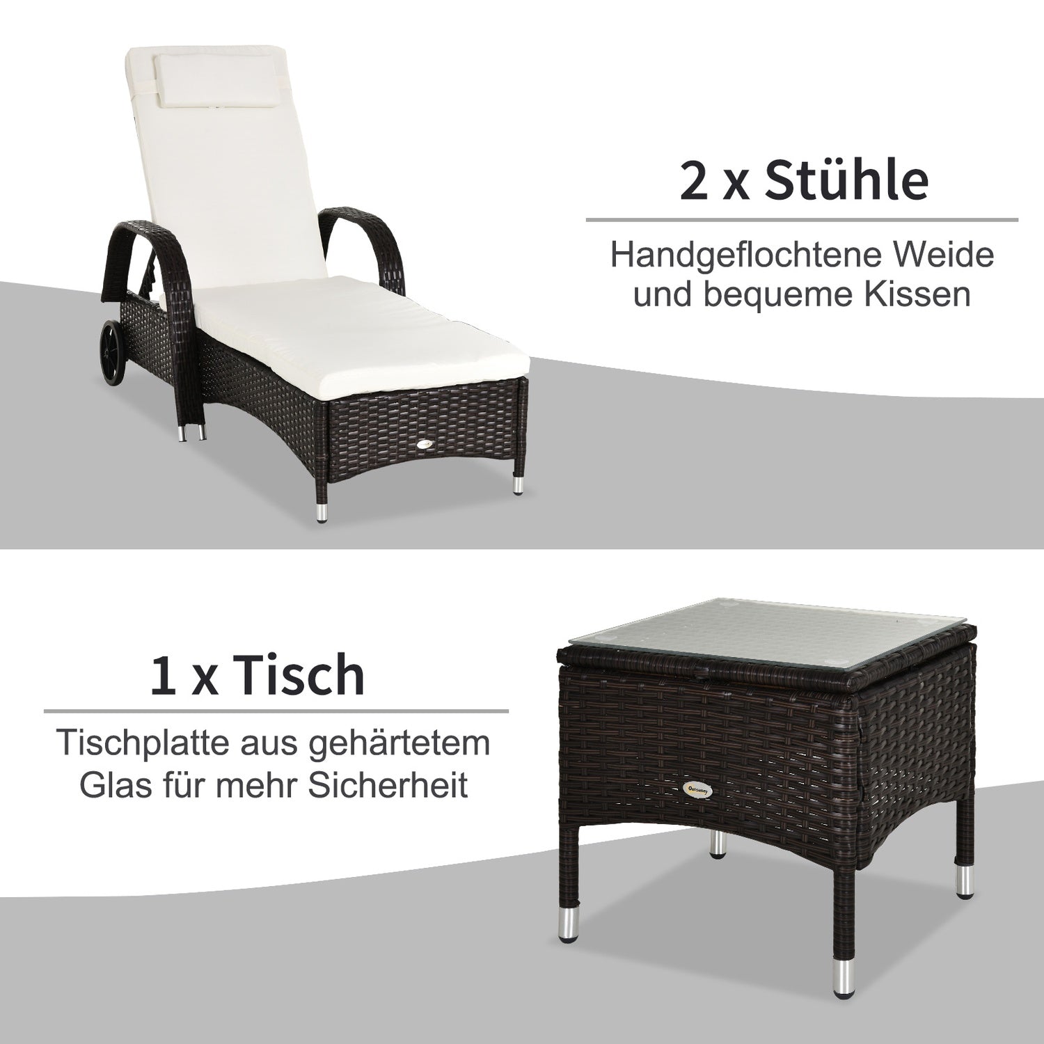 Ligbed & tafelset in polyrattan, bruin/crèmewit
