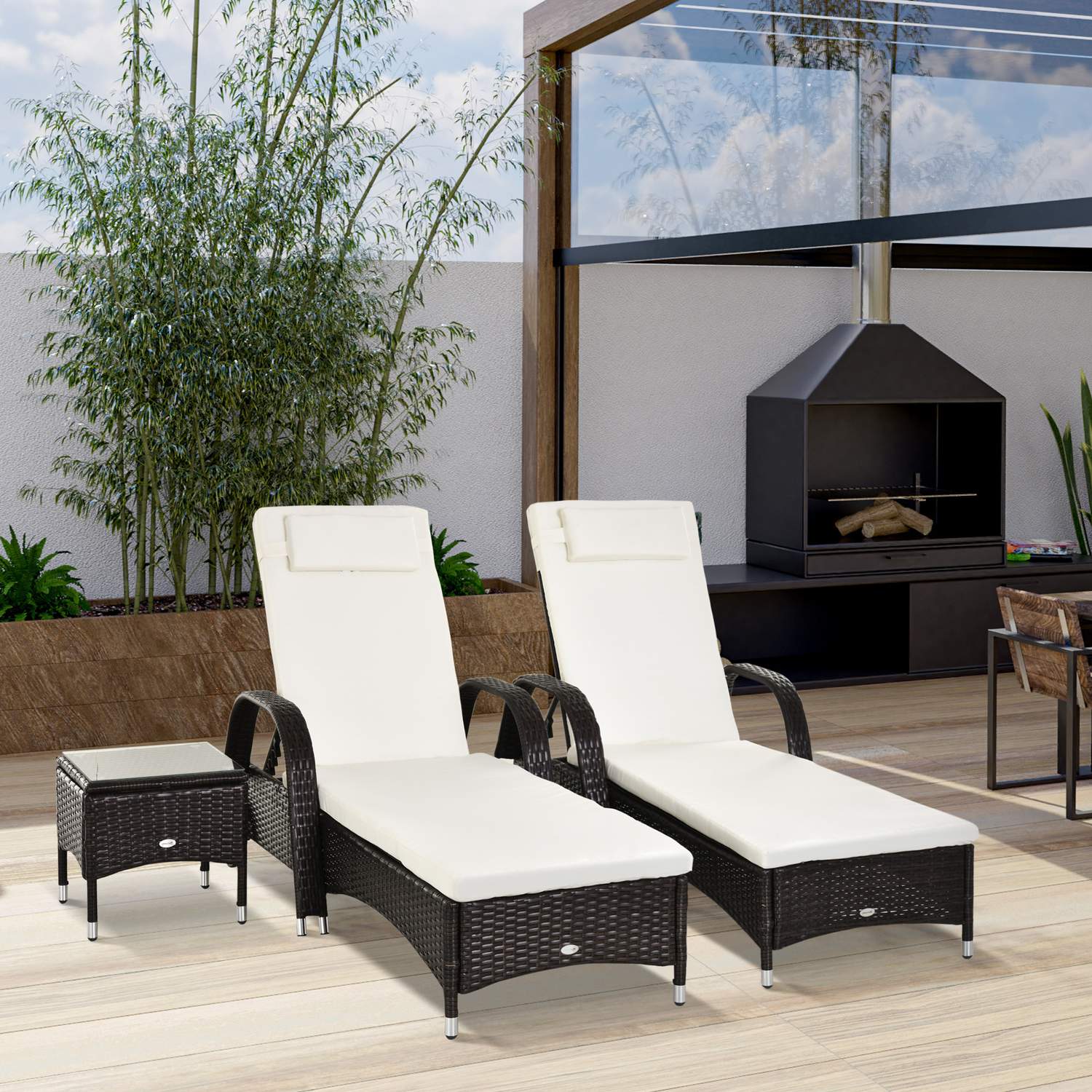 Ligbed & tafelset in polyrattan, bruin/crèmewit