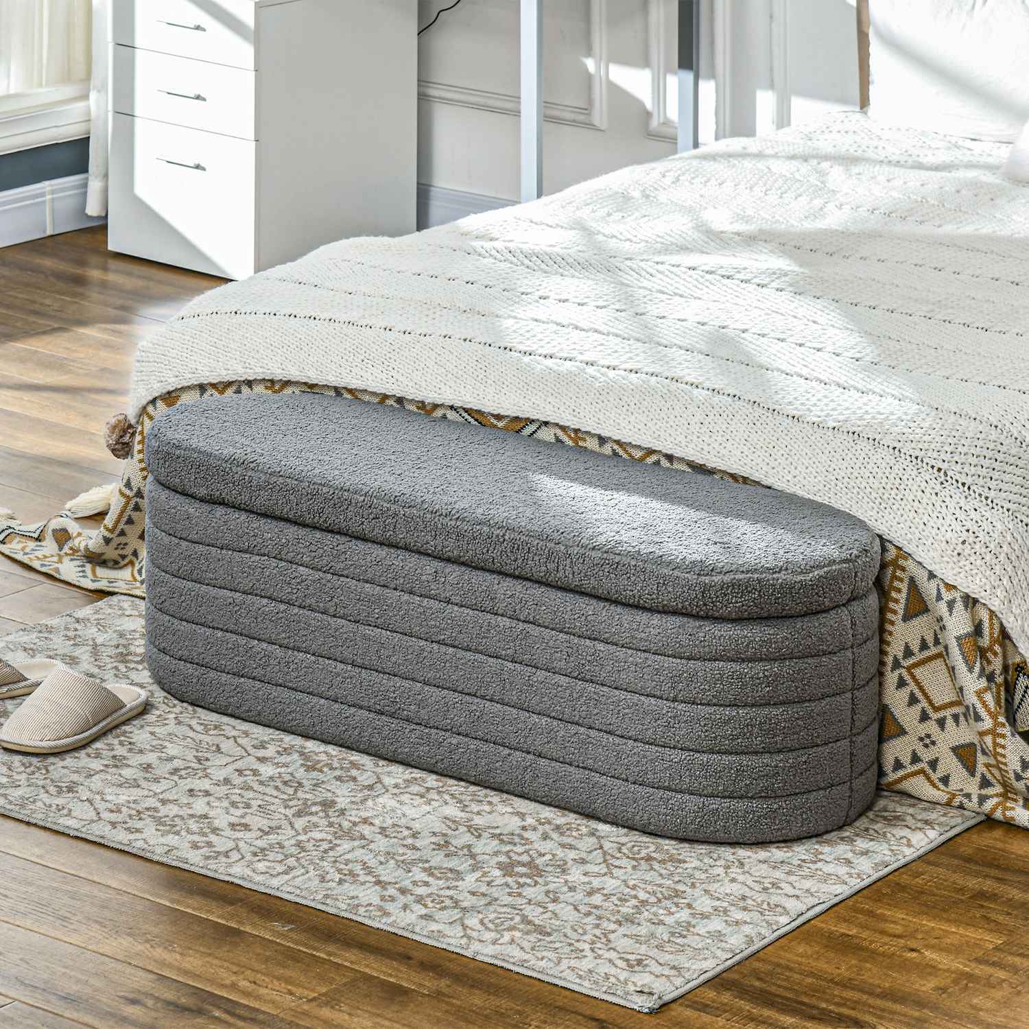 Slaapkamerbank met opbergruimte, houten poten, teddyfleece, lichtgrijs