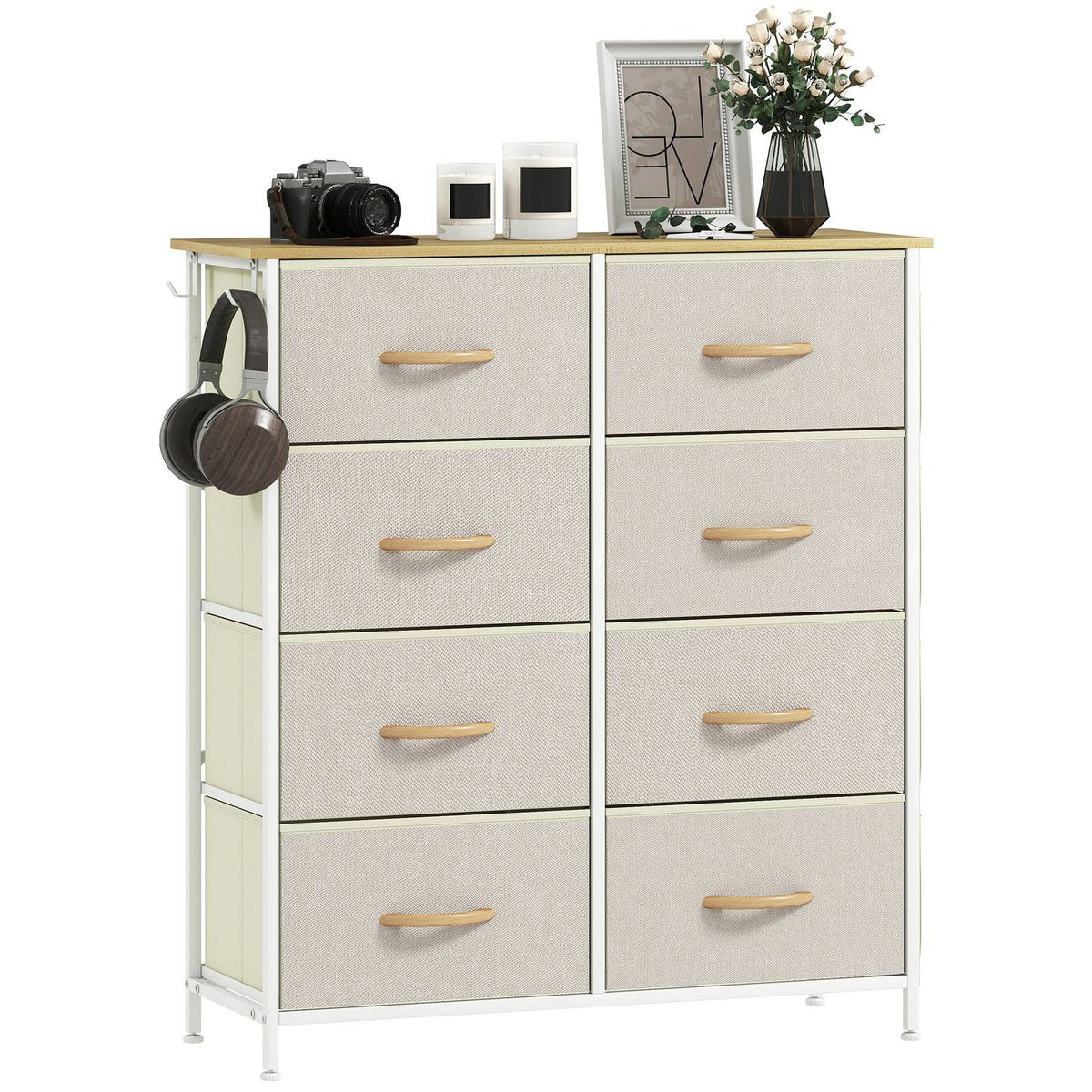 Slaapkamerkast met 8 stoffen laden, stalen frame, beige