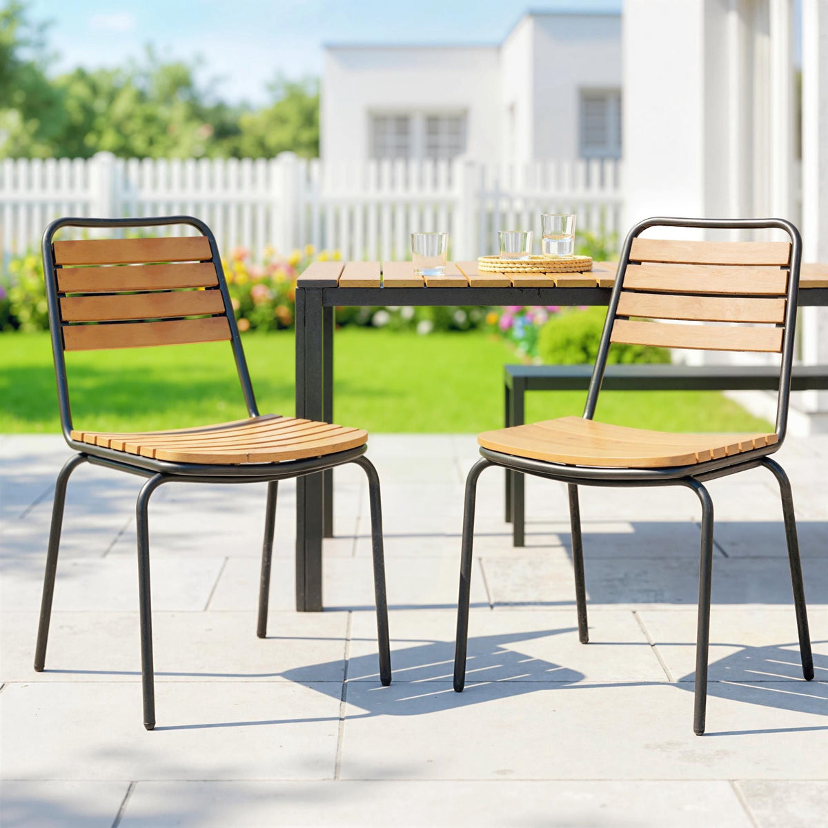 Stapelbare tuinstoelen voor buiten, set van 2, staal en hout
