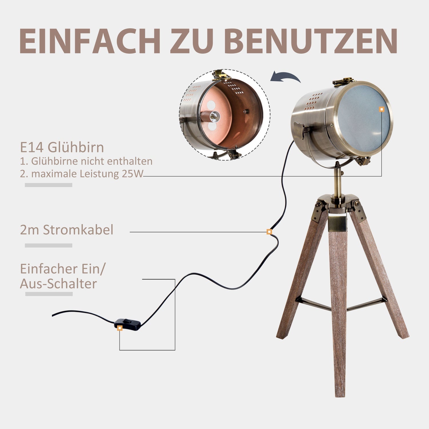 Statiefvloerlamp, roestvrij staal, E14, 33x33x65cm