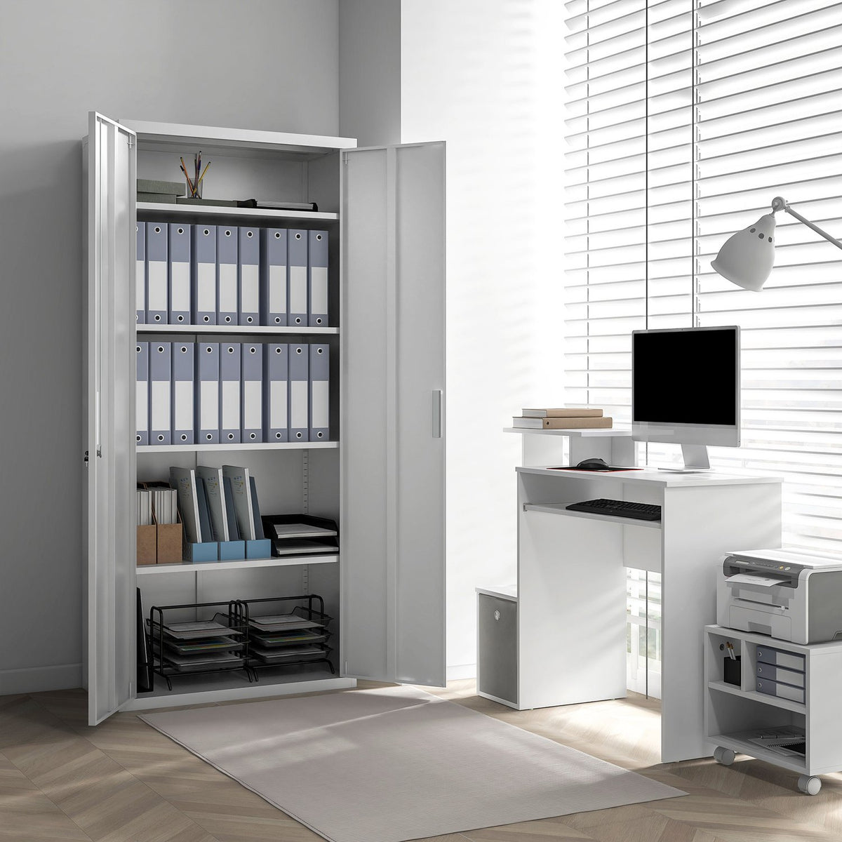 Metalen archiefkast voor kantoor, 5-laags verstelbare planken, wit