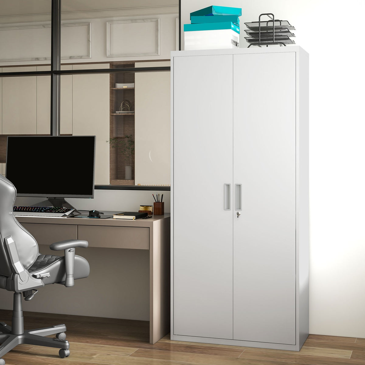 Metalen archiefkast voor kantoor, 5-laags verstelbare planken, wit