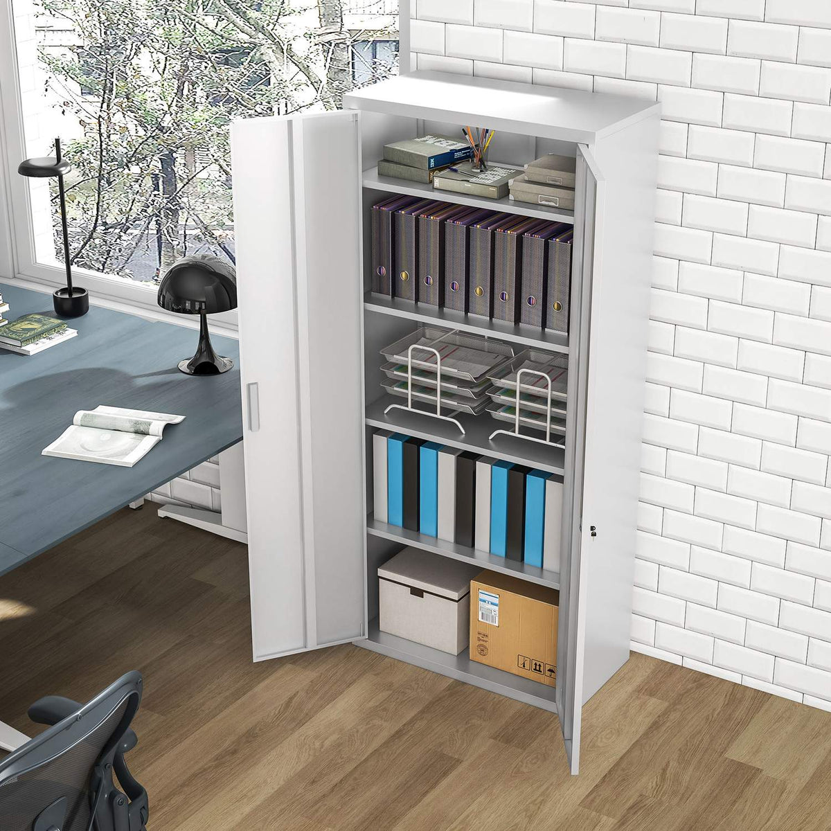 Metalen archiefkast voor kantoor, 5-laags verstelbare planken, wit