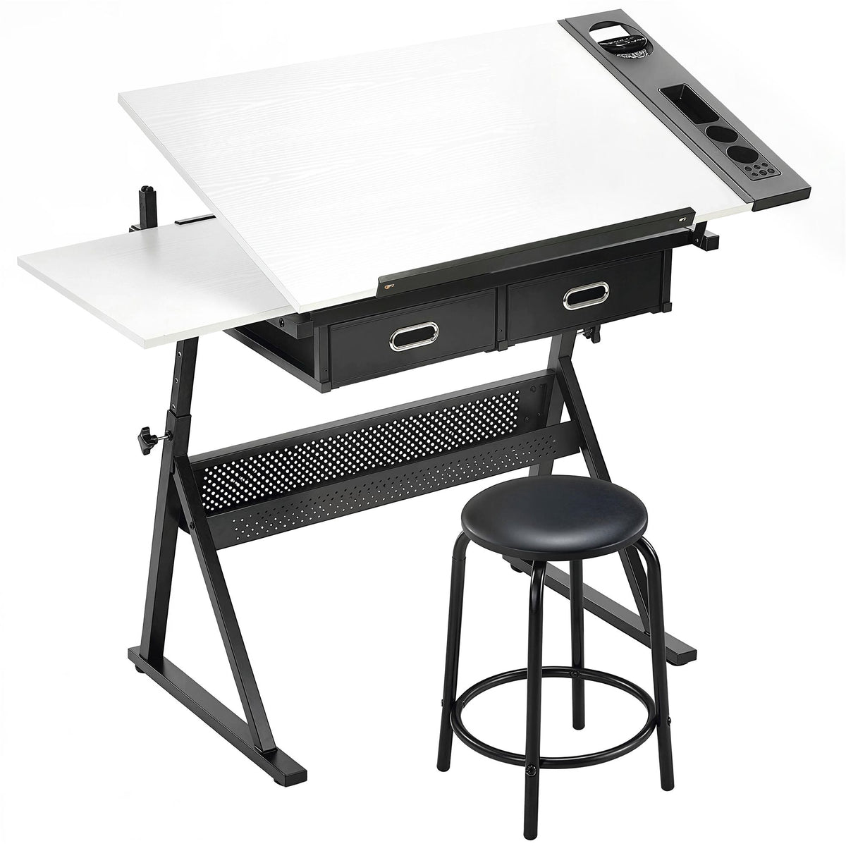 Verstelbare tekentafel met kruk en opbergruimte, wit