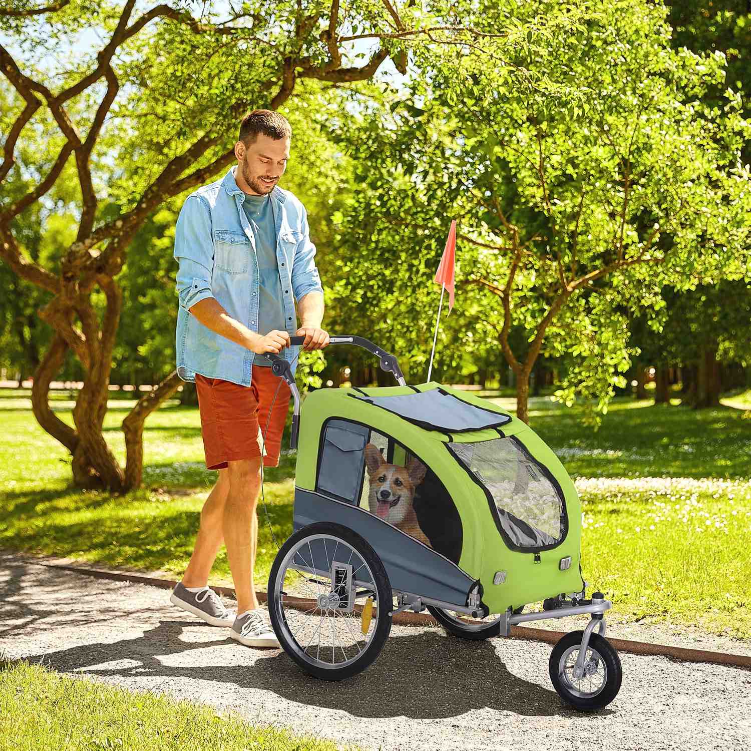 Grote hondenkar jogger, stabiele fietsaanhanger, groen/grijs
