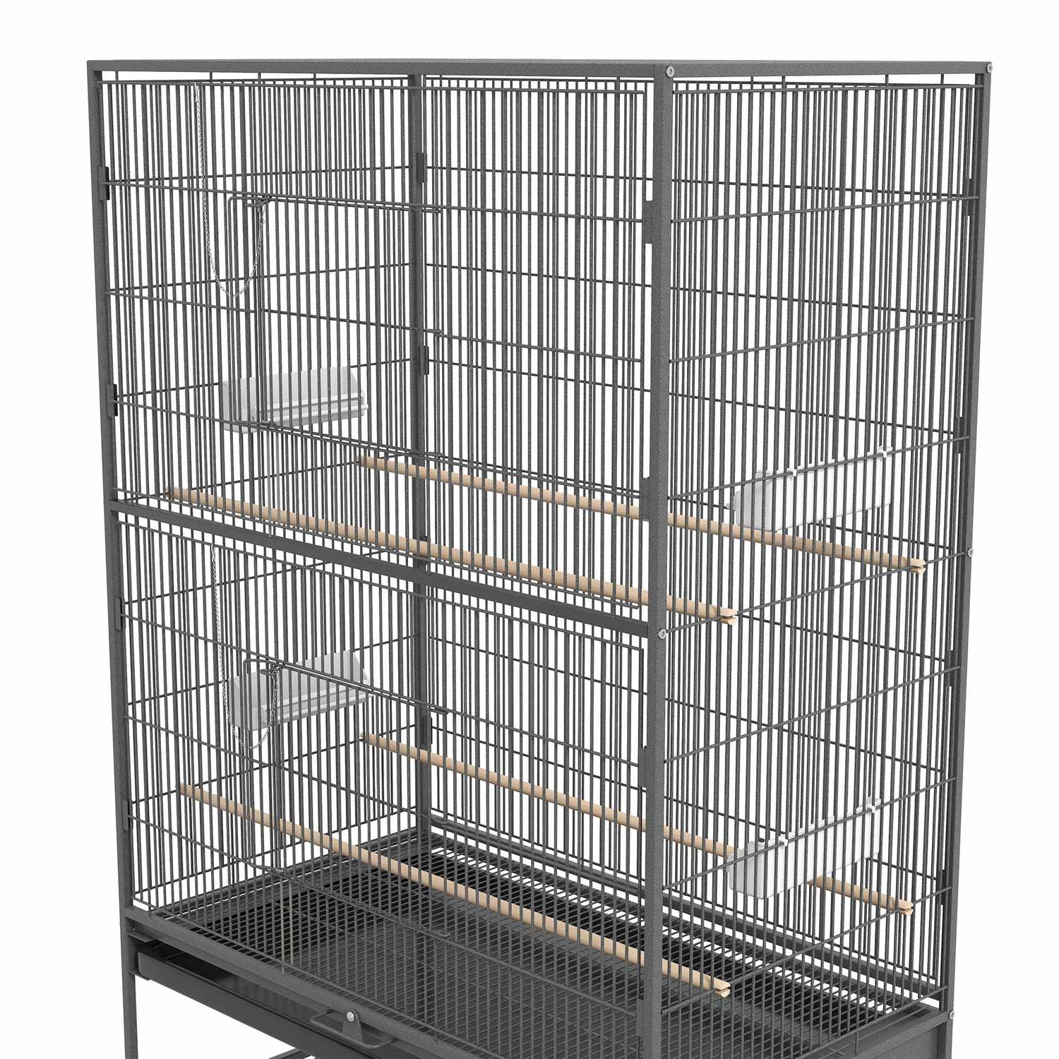 Stor grå fågelvoljär med sittpinnar och hjul, 94 x 57 x 153 cm