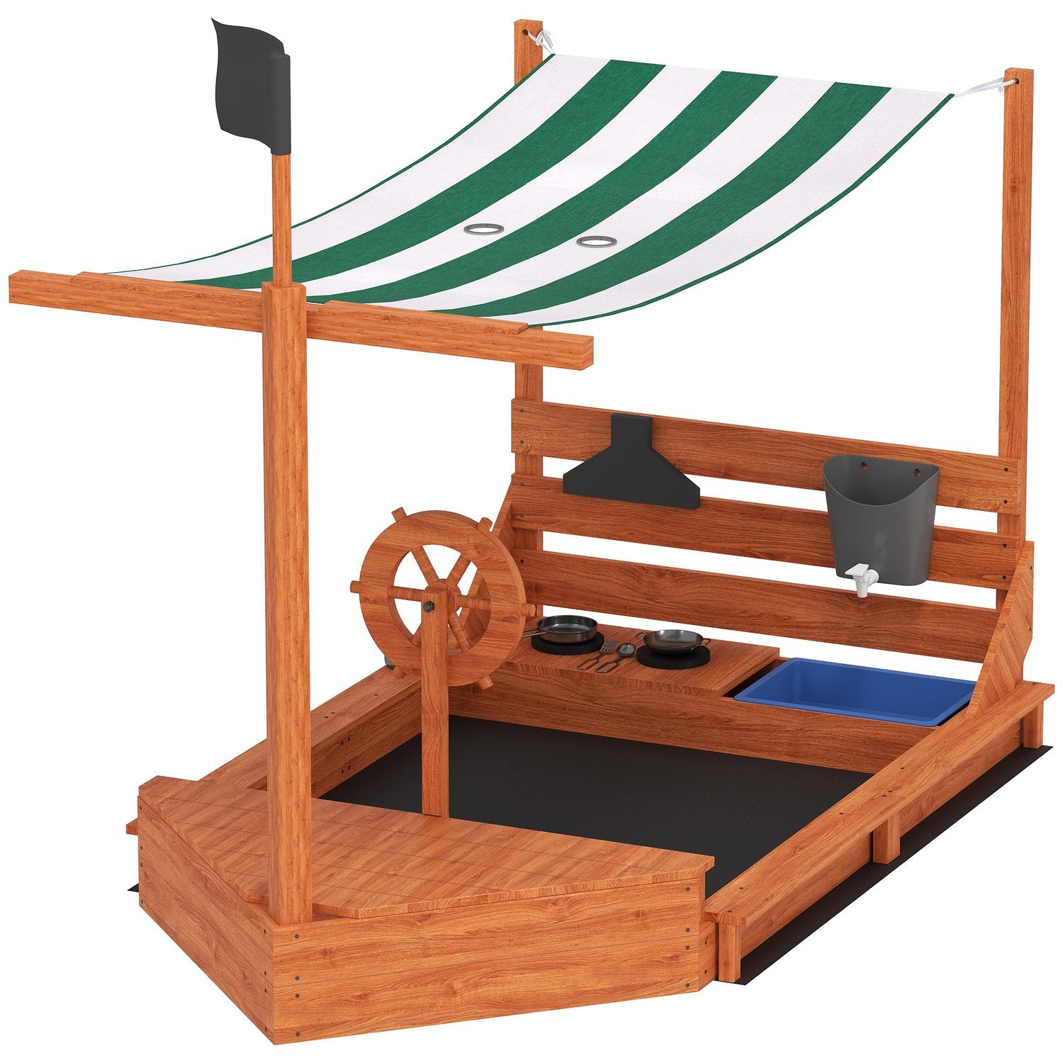 Grosser Sandkasten aus Holz mit Deckel und Spielküche