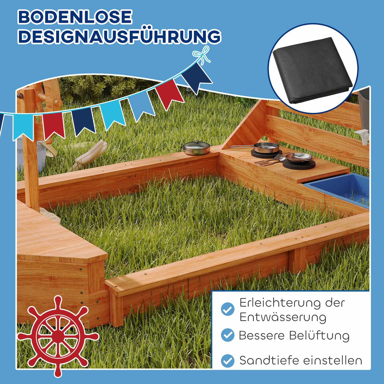 Grosser Sandkasten aus Holz mit Deckel und Spielküche