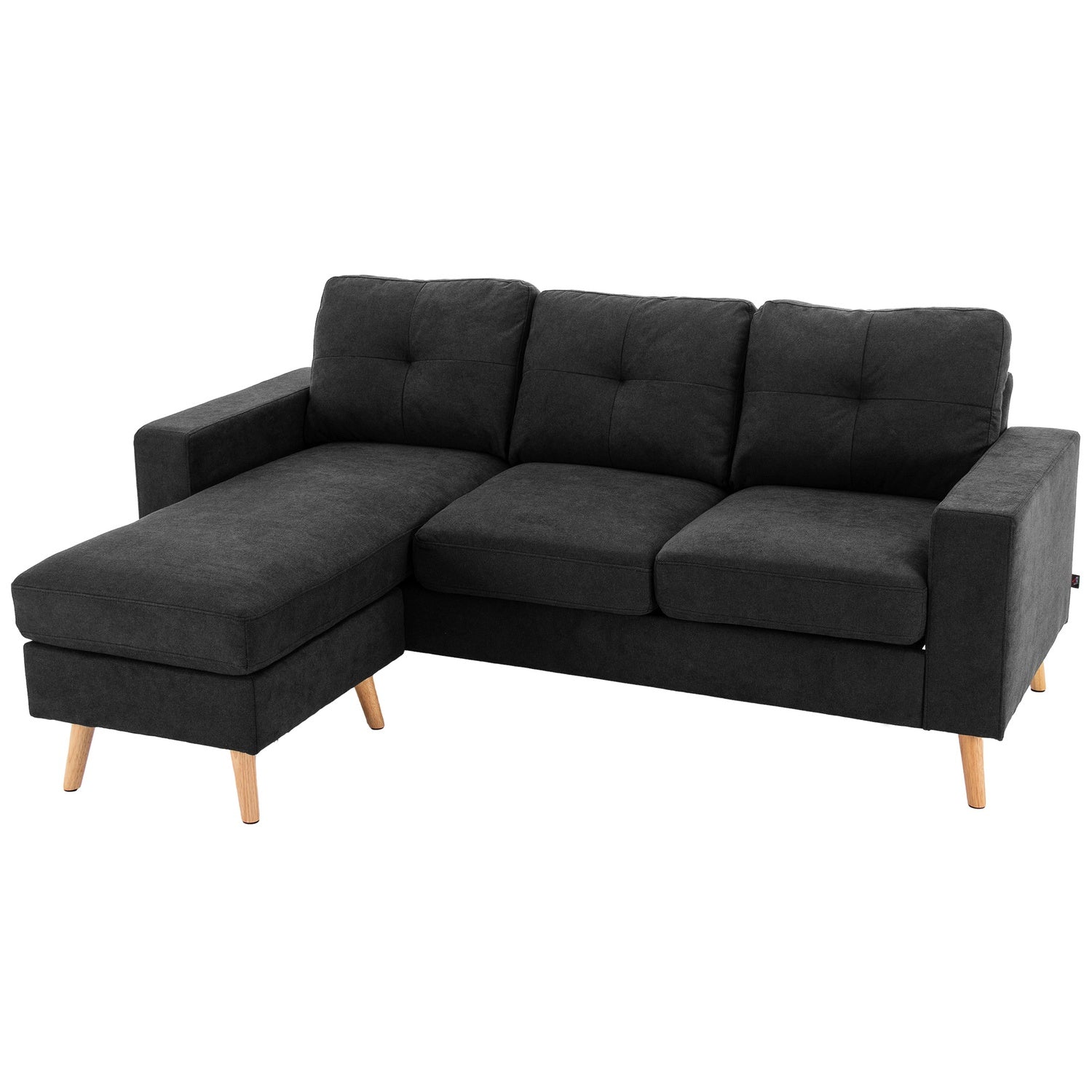 Zwarte L-vormige linnen bank, hoekbank met chaise longue voor 3 personen