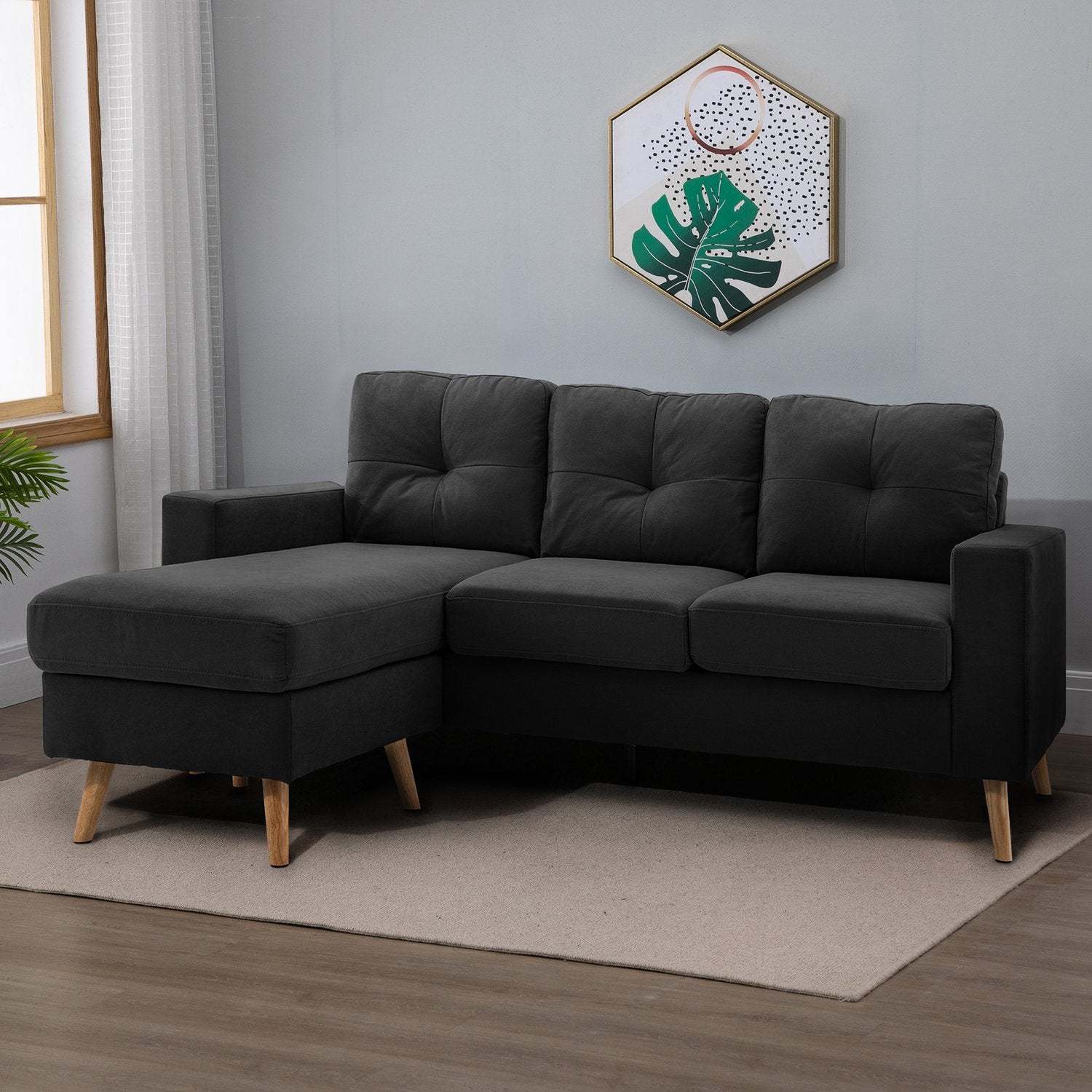 Zwarte L-vormige linnen bank, hoekbank met chaise longue voor 3 personen