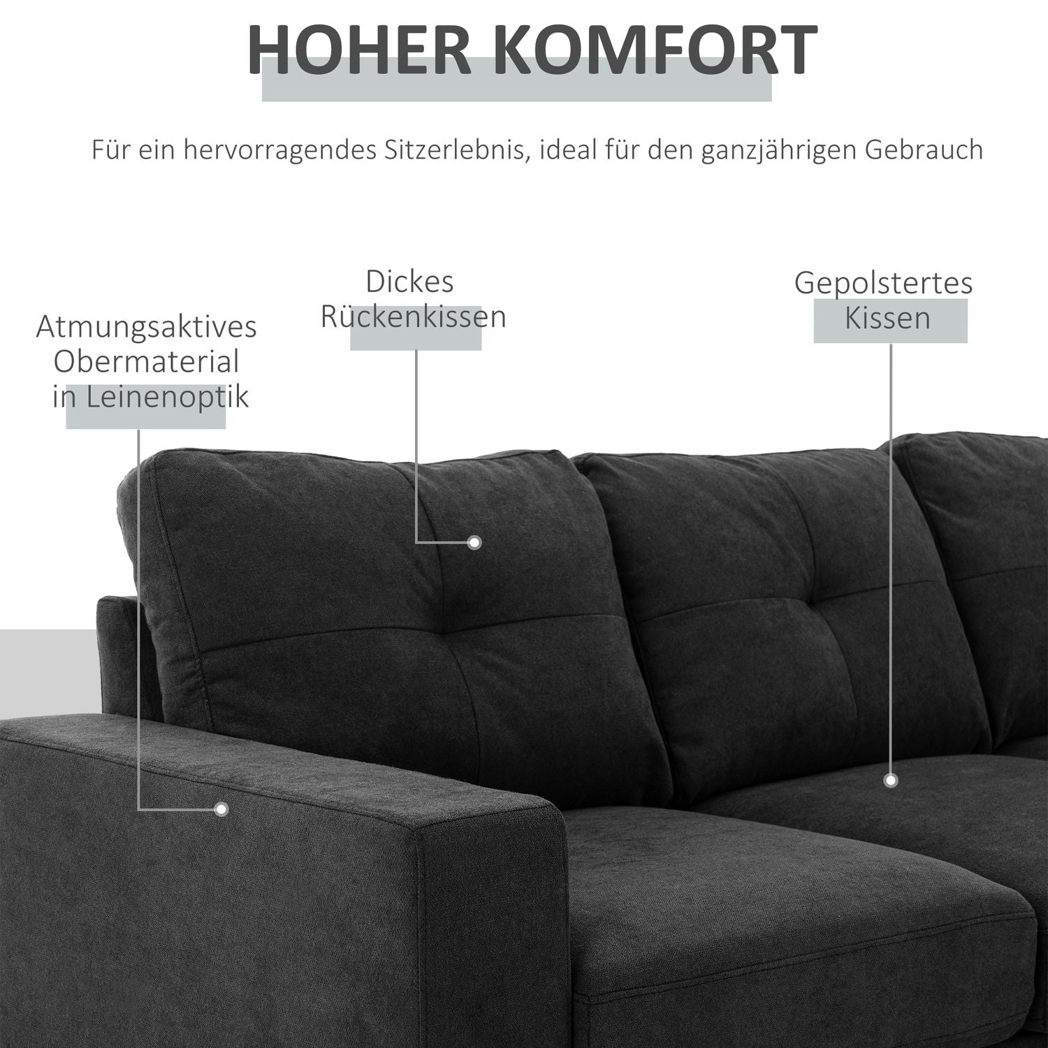 Zwarte L-vormige linnen bank, hoekbank met chaise longue voor 3 personen