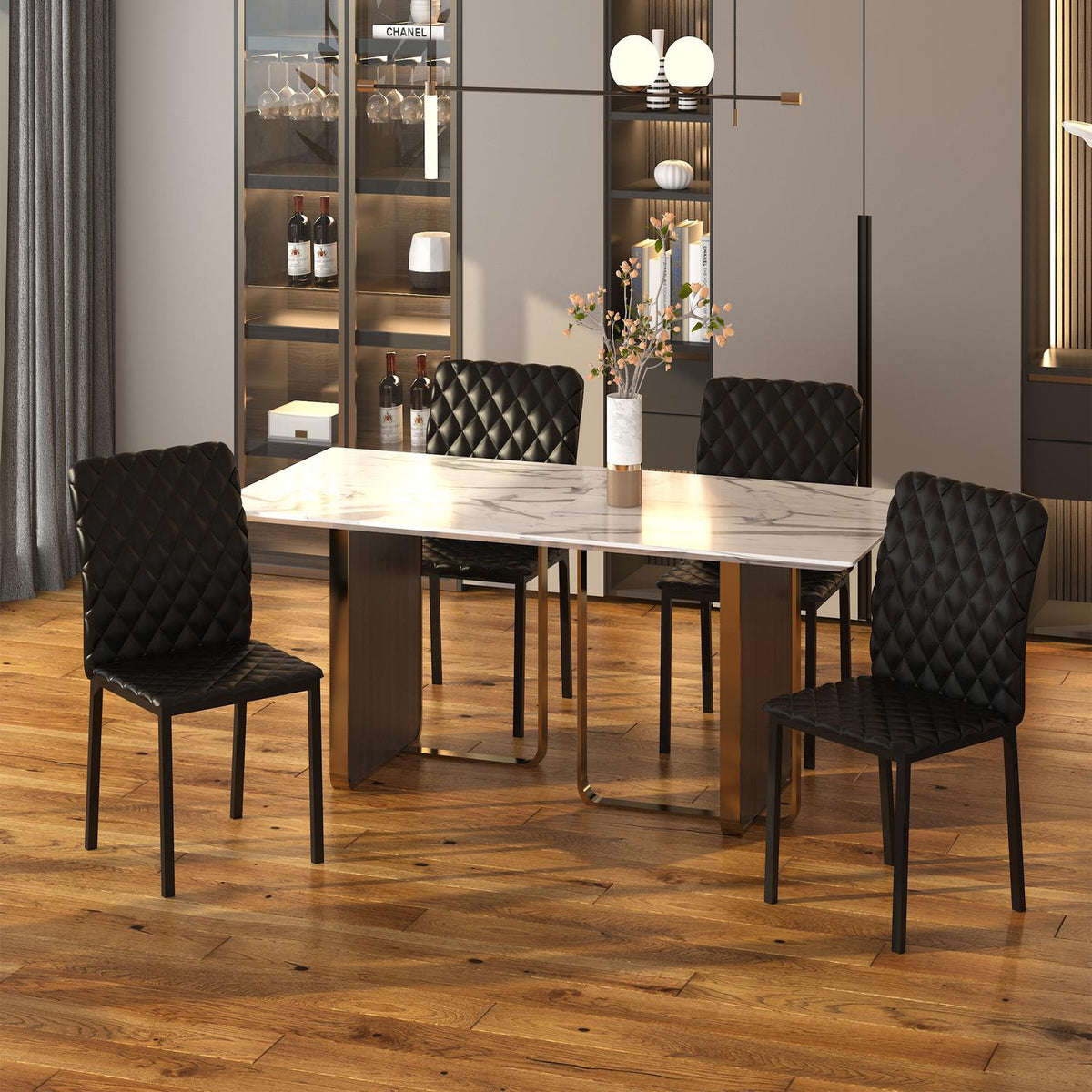 Zwarte kunstlederen eetkamerstoelen, set van 4, stalen poten, gewatteerd
