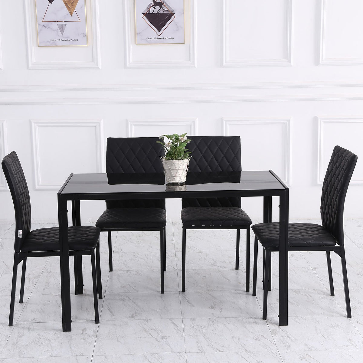 Zwarte kunstlederen eetkamerstoelen, set van 4, stalen poten, gewatteerd